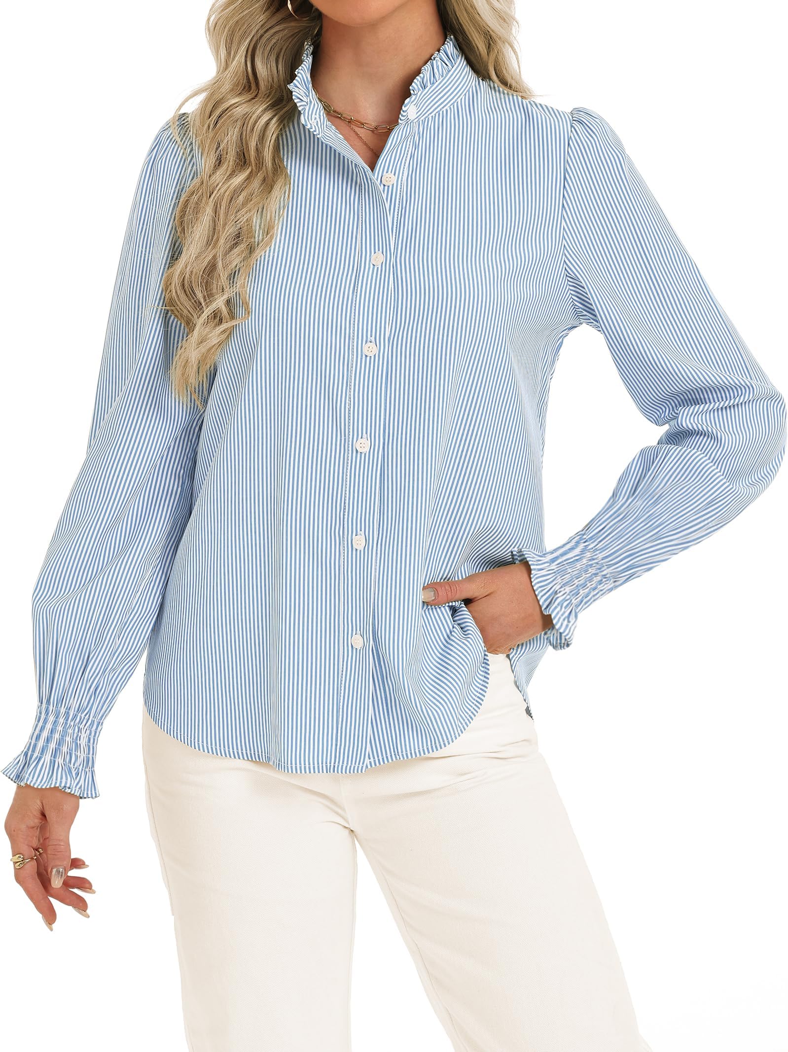 Funlingo Women's Striped Button Down Shirts Long Sleeve Smocked Cuffed Ruffle Collar Blouses Spring Work Business Casual Tops