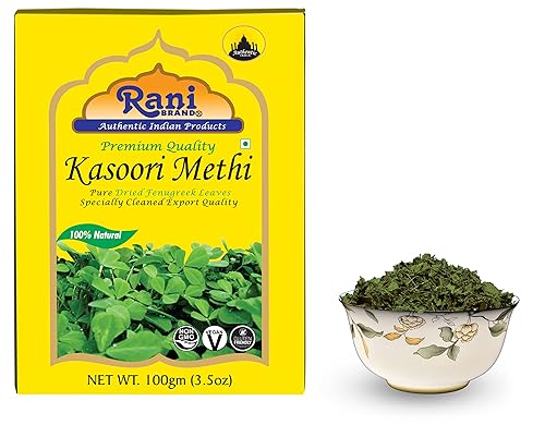 Miniatura 6 de Hojas de fenogreco Rani secas (Kasoori Methi) 3.5 oz (100 g)  Todo natural  Vegano  Apto para gluten  Sin OMG  Kosher  Origen indio