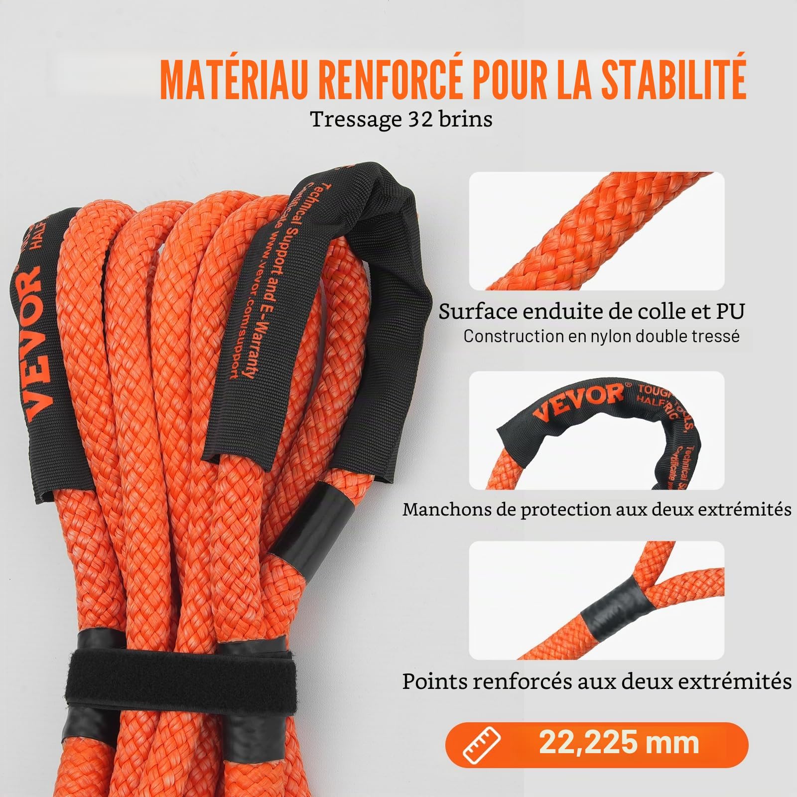 VEVOR Corde de remorquage de récupération cinétique, 22,225 mm x 6,1 m, Sangle d'arrachage Robuste Tout-Terrain, 13871 kg, énergie résistante à 30% d'élasticité pour Jeep Voiture Camion ATV UTV SUV