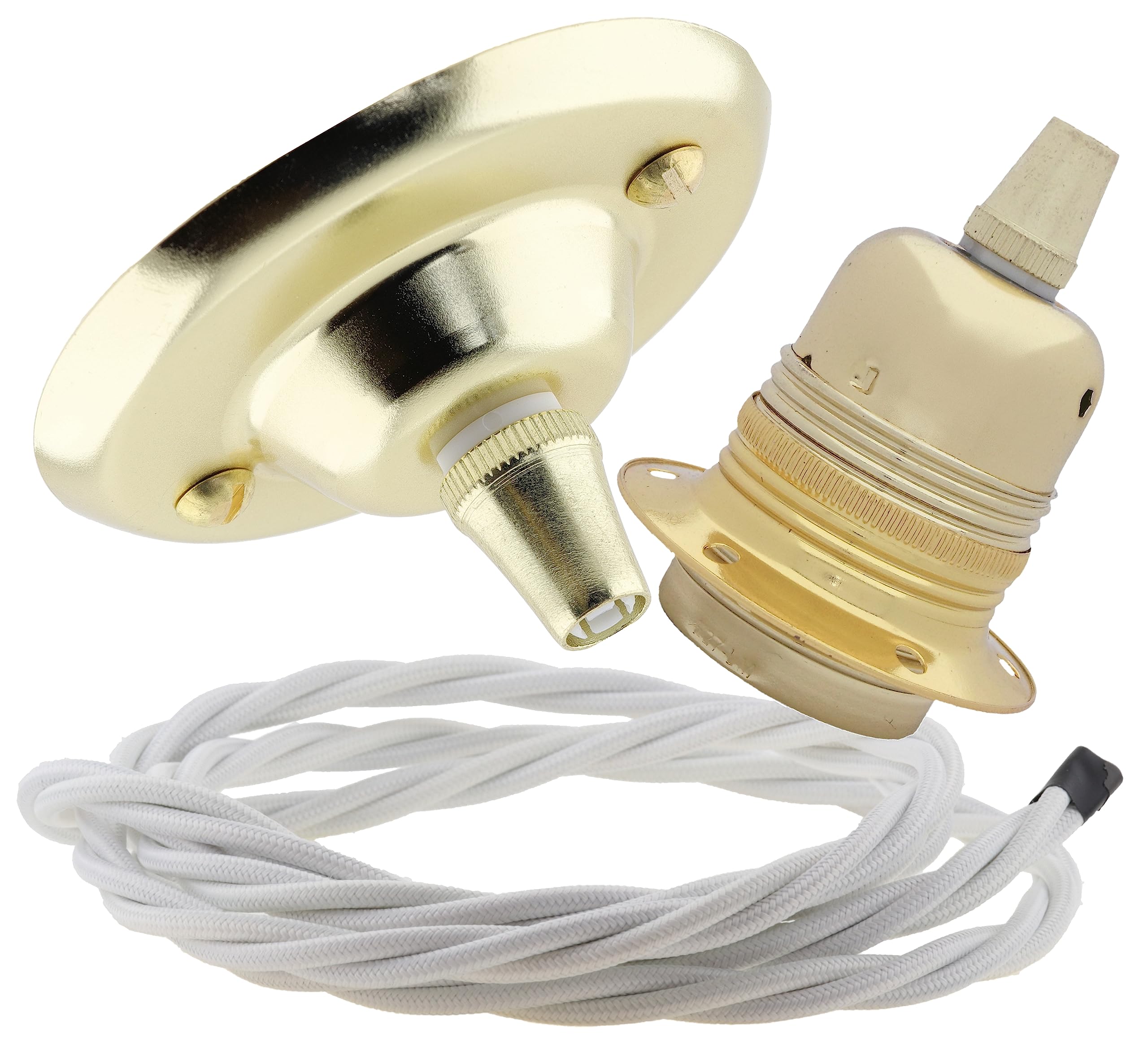Repaireum Ltd. Vintage Styled Ceiling Pendant Kit incl. Polished Brass Effect Rose, E27 Bulb Holder and 3 Core White Braided Twisted Flex