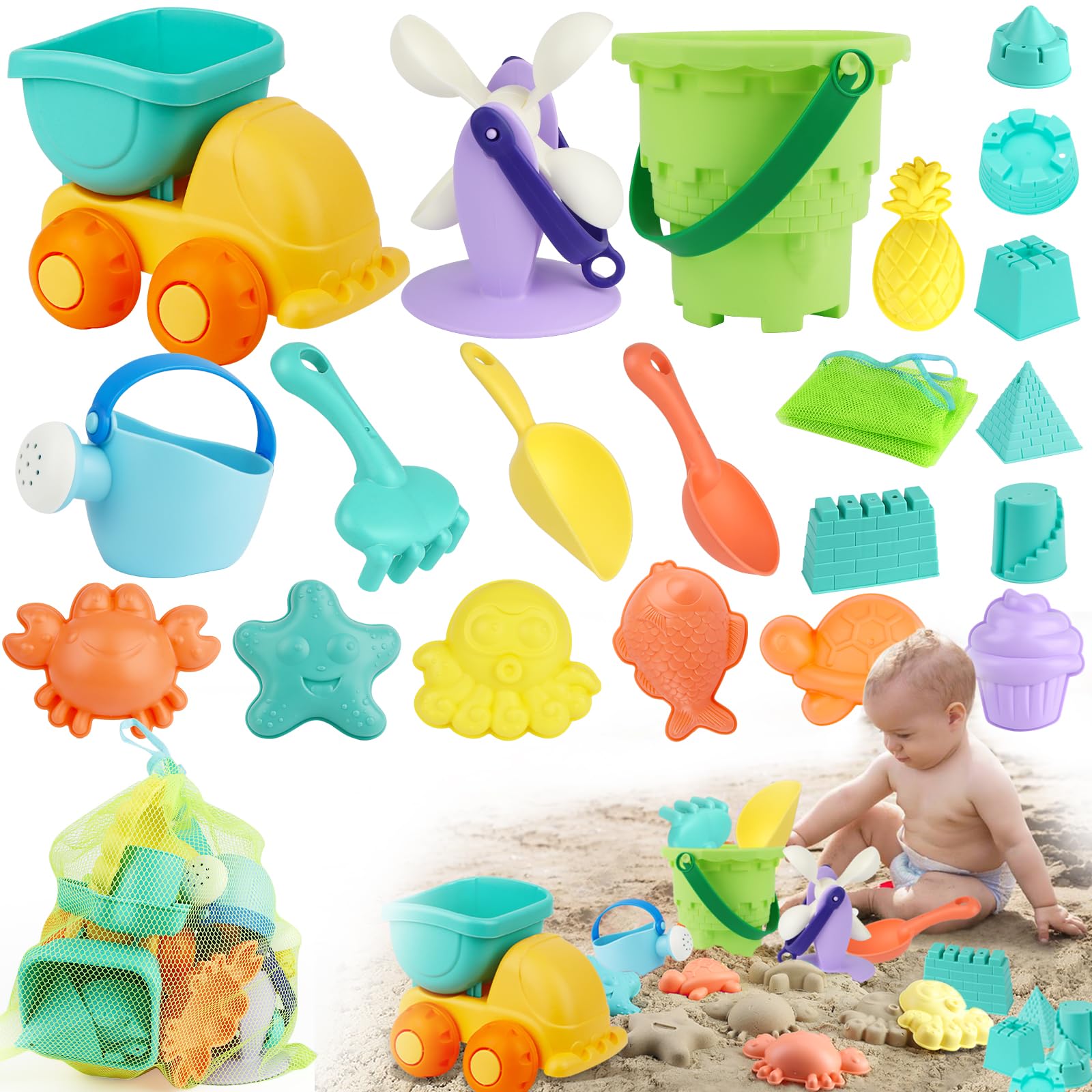 Huanmin Juguetes de Playa para Niños, Juguetes Playa Bebe 21 Piezas Kit Juguetes Playa, Juguetes Arena, Juguete Playa para Juegos de Playa para Niñas Niños 1 2 3 4 5 Años