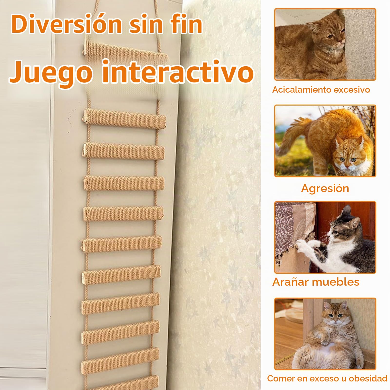 Escalera para Gatos, Escalera de Escalada para Gato Estructura para Trepar con Cuerda de Sisal para Gato Gatos Accesorios Puente de Pared para Gatito Muebles para Mascotas (Caqui, 150 cm, 1)