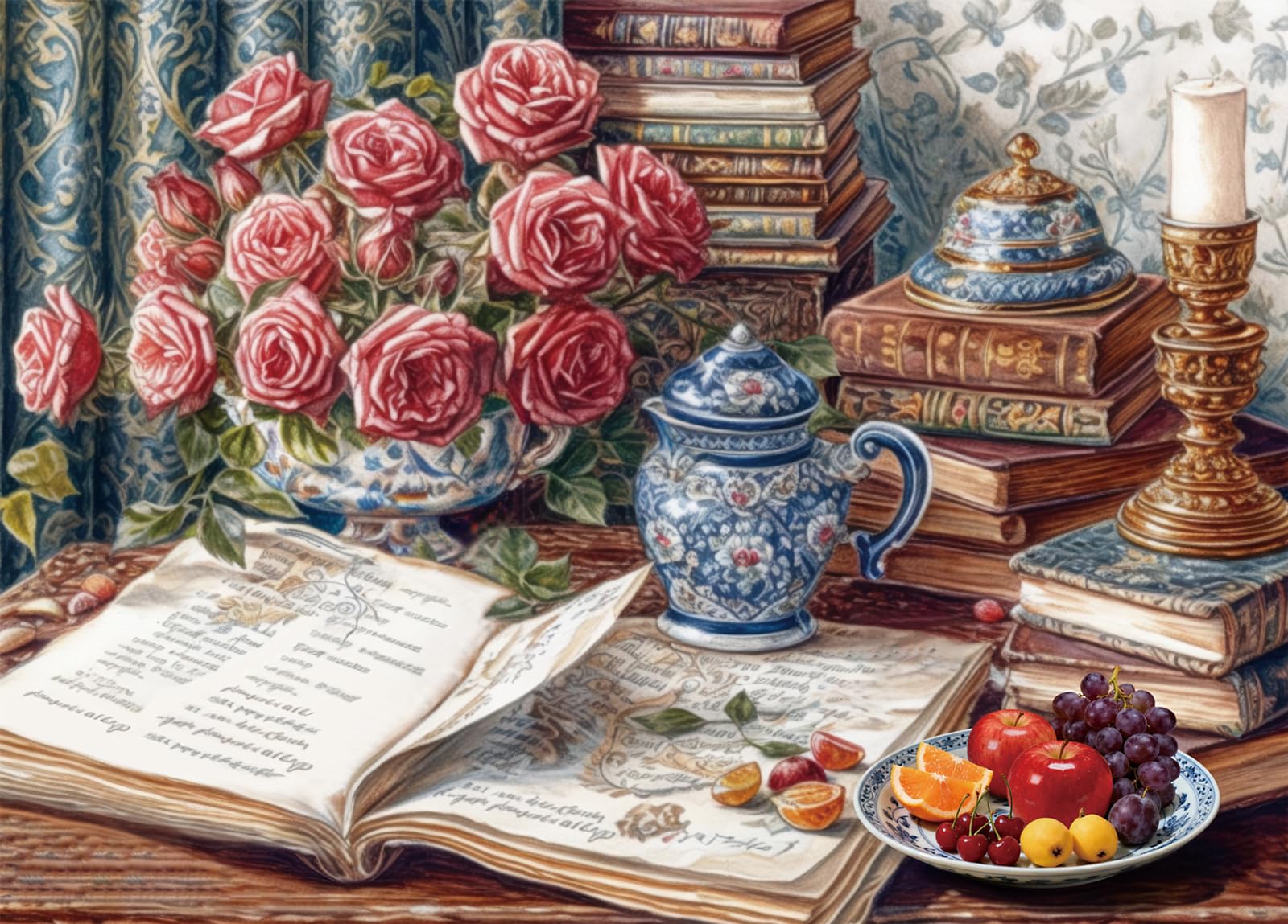 Bullglesup Jigsaw Puzzles for Adults 1000 Pieces, Books and Roses with Poster Interlock Perfectly Letter on Back No Dust, Home Decor Birthday Party Gift Toy for Men Women Elders Seniors (27.5"x19.6")
