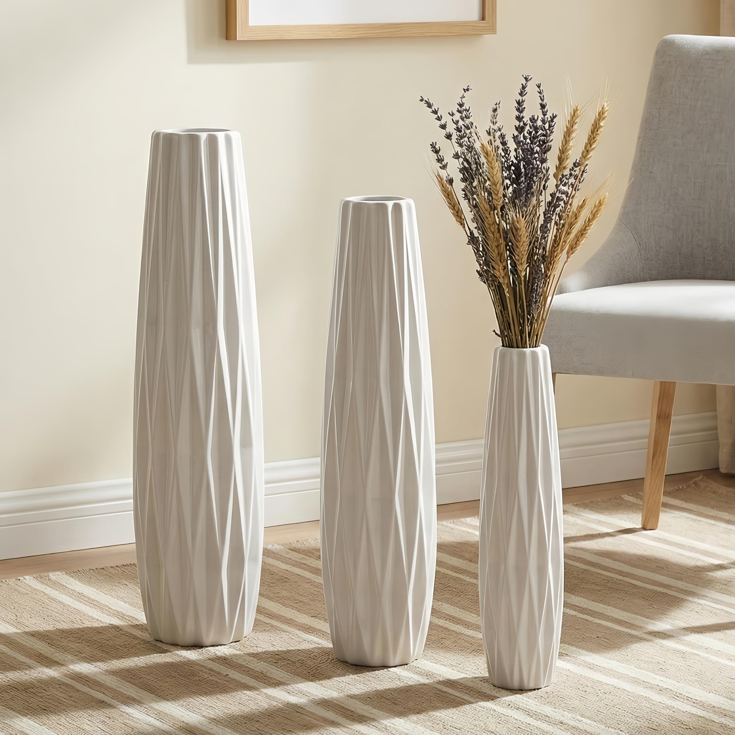 Vaso alto da pavimento in ceramica bianca, 40 cm, design a coste | Finitura smaltata lucida, angoli stretti, ingresso, camera da letto, spazi compatti