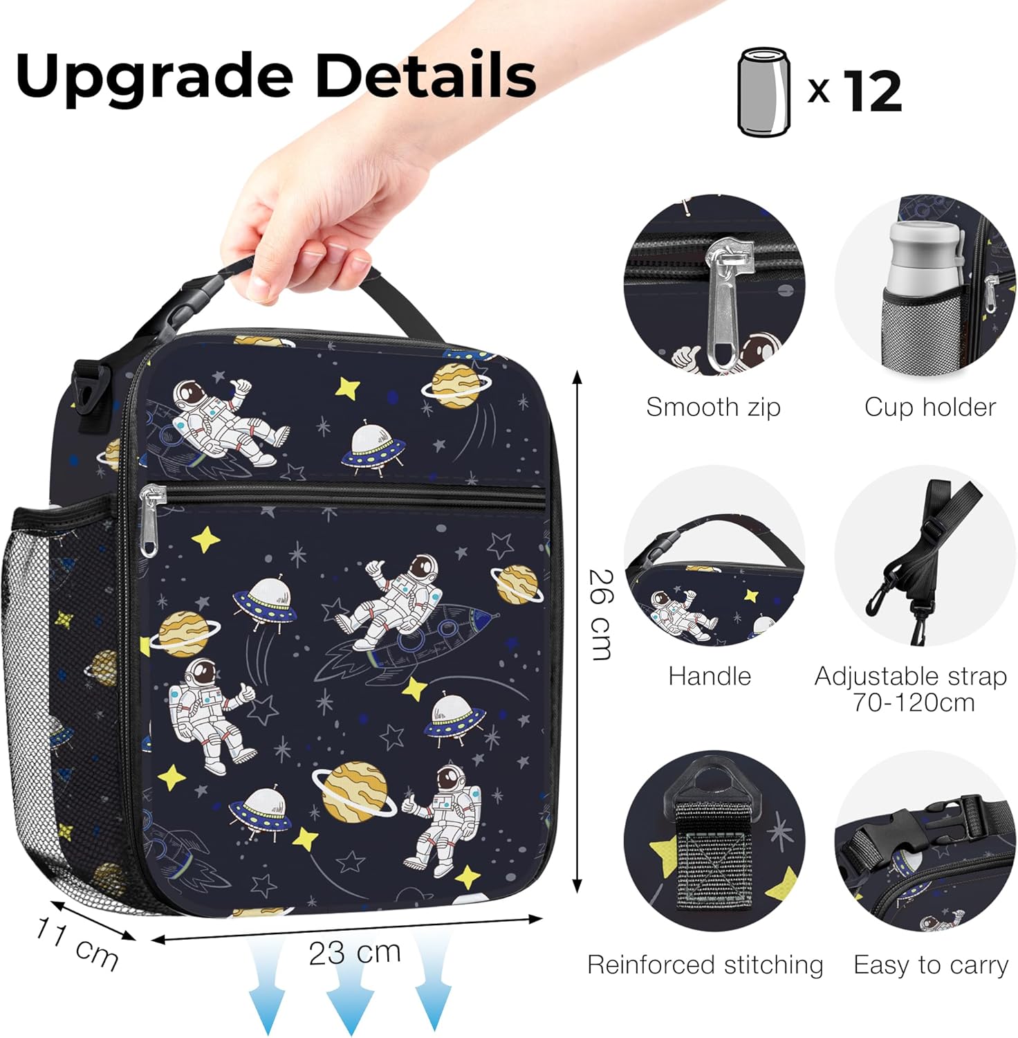 Clastyle Blue Astronauts Insulated Lunch Bag for Kids, Portable Large Thermal Cooler Lunch Bag for Boys, School Lunch Box Bag with Bottle Holder - Image 6
