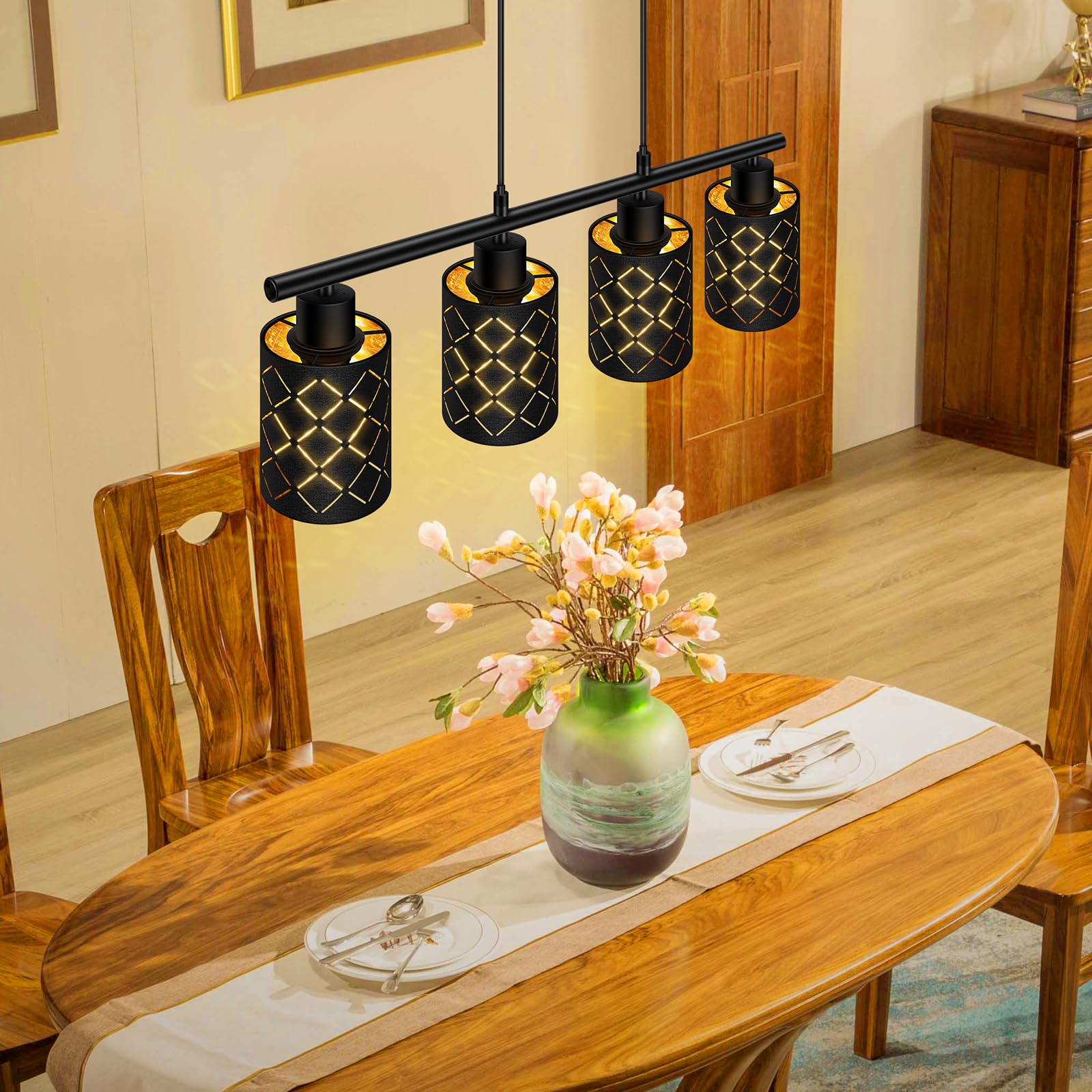 Pendelleuchte Esstisch 4 Flammig Schwarz, Hängelampe Esszimmer Höhenverstellbar, Vintage Esszimmerlampe E27 mit Laser-Cut Stoffschirmen, Modern Industrie Esstisch Hängeleuchte für Küche Wohnzimmer Bar