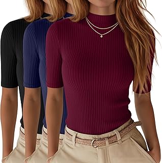 Neer 3 Pack Women's Half Sleeve T-Shirts, Mock Turtleneck Elbow Length Tee Ribbed Slim Fit Casual Summer Tunic Tops