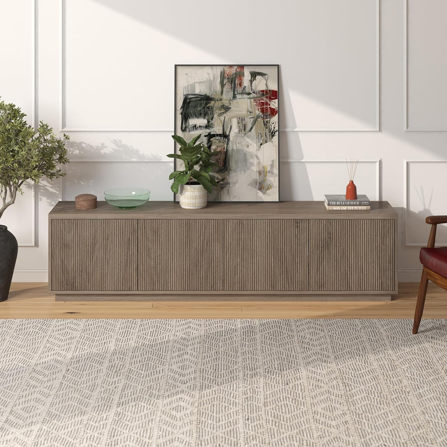 Henn&Hart Fluted TV Stand for TVs up to 85'' with 2 Concealed Ribbed Storage Cabinets and Adjustable Shelves for Living Room, Family Room, or Office, Antiqued Gray Oak Antiqued Gray Oak 79'' Rectangular TV Stand