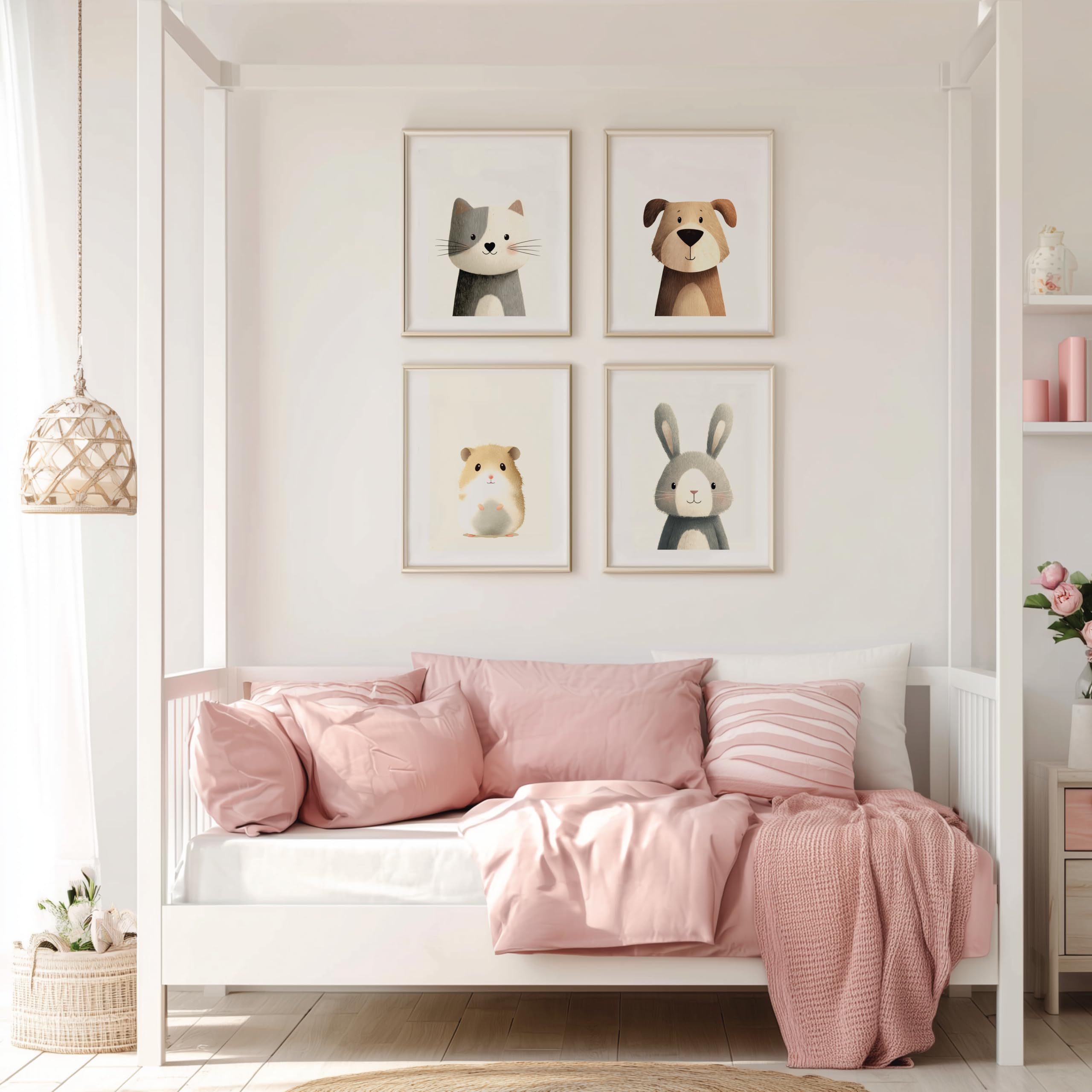 PACKLIST® Décoration Chambre Bébé – Posters Animaux (Chat, Chien, Hamster, Lapin) DIN A4 (21x30cm), 250 g/m², sans cadre. Impressions d'art parfaites pour garçons et filles