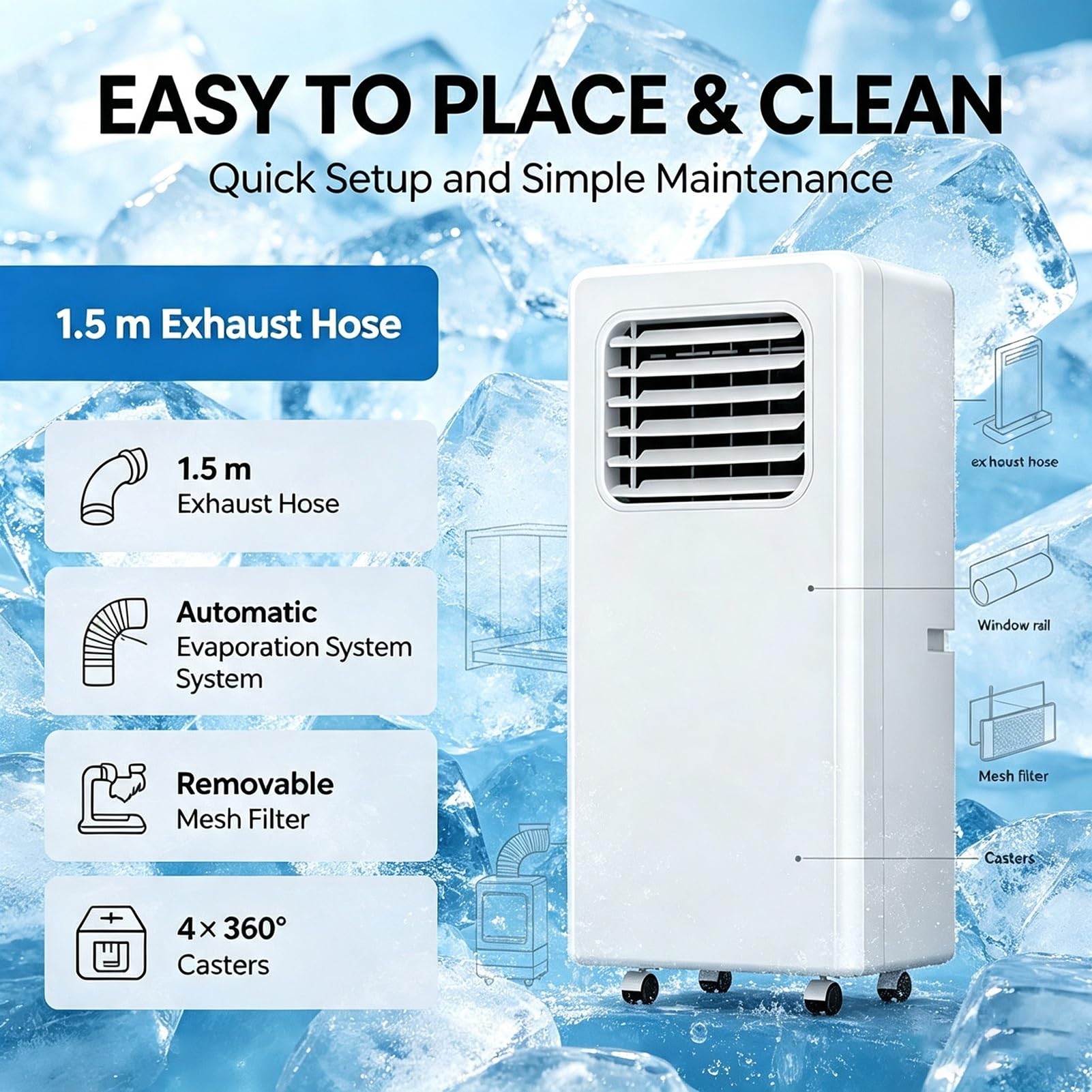 Condizionatore Portatile 3 In 1, Unità Climatizzatore Potente 10000 BTU, Condizionatore A Pavimento Alte Prestazioni, Raffredda Fino A 350 Piedi², Per Soggiorno