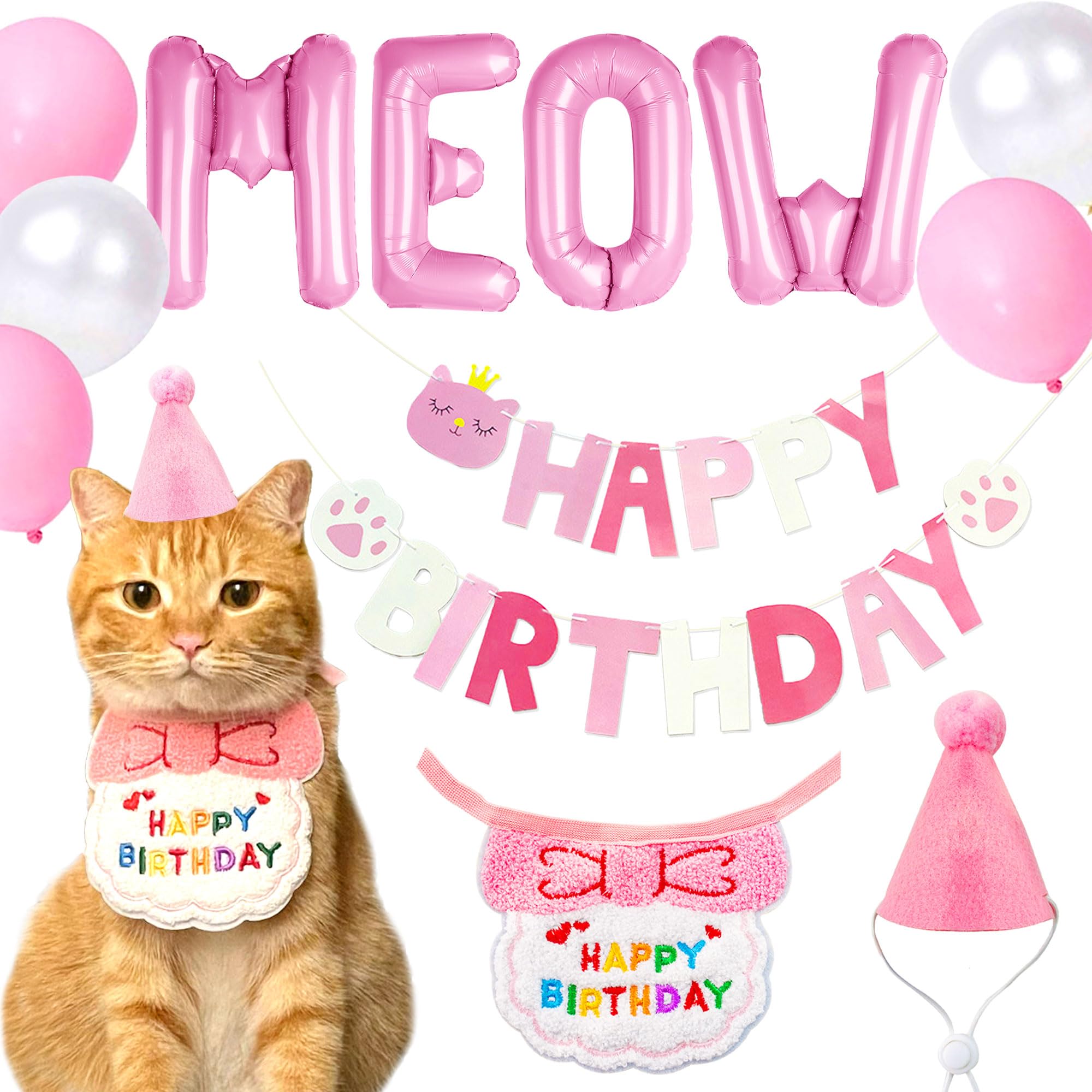 Photo 1 of Cat Birthday Decorations Cat Kitten Birthday Party Hat Crown Bandana Pink Meow Balloons Banner for Girl Cats Kittens Happy Birthday Party Supplies