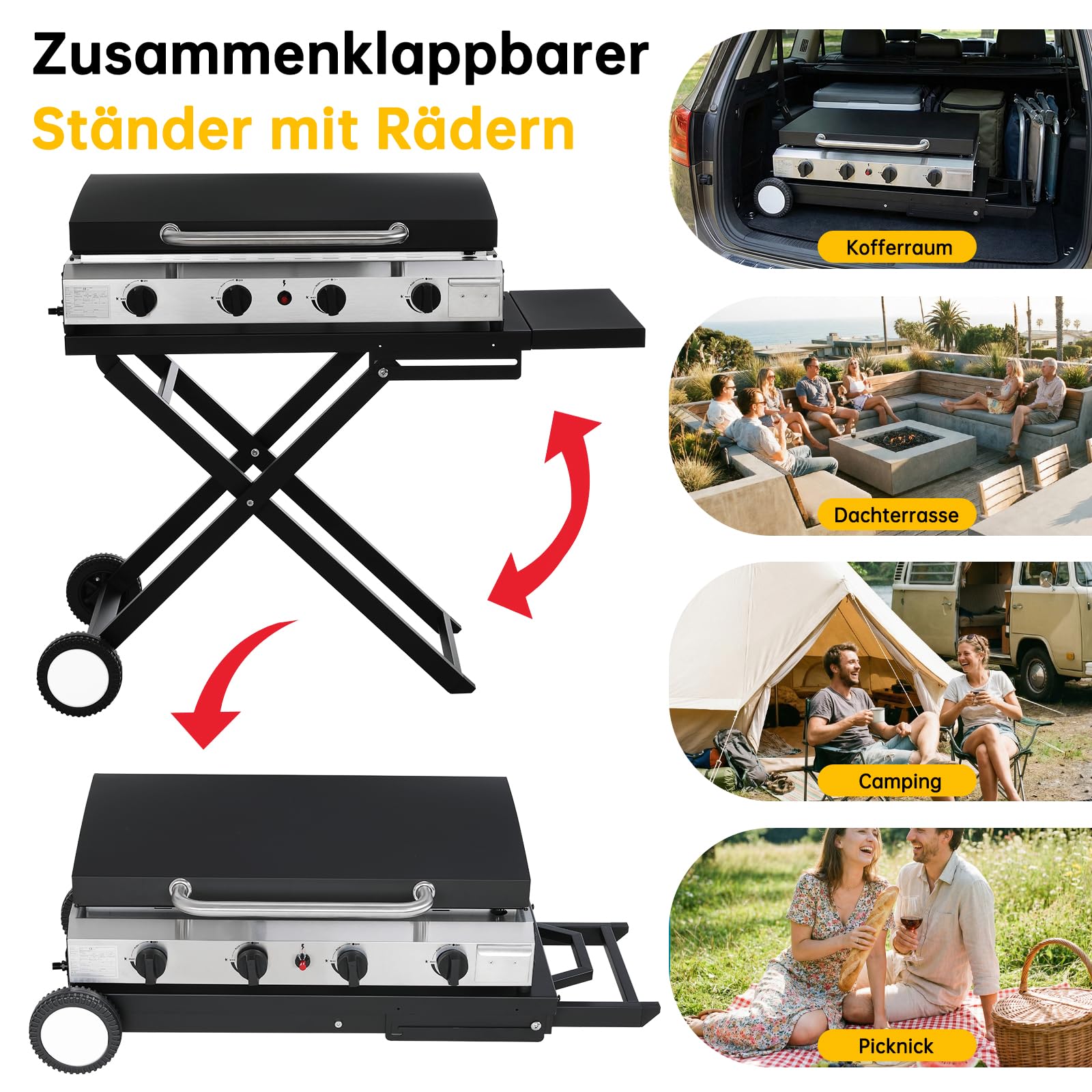 LIFERUN 4 Brenner Gasgrill Edelstahl(9.6kW) inkl. Grilltisch Klappbar, Tragbarer Tischgasgrill mit Separatem Grillständer, Gas Plancha Tischgrill mit Deckel & Grillwagen, für Camping, Terrasse, BBQ