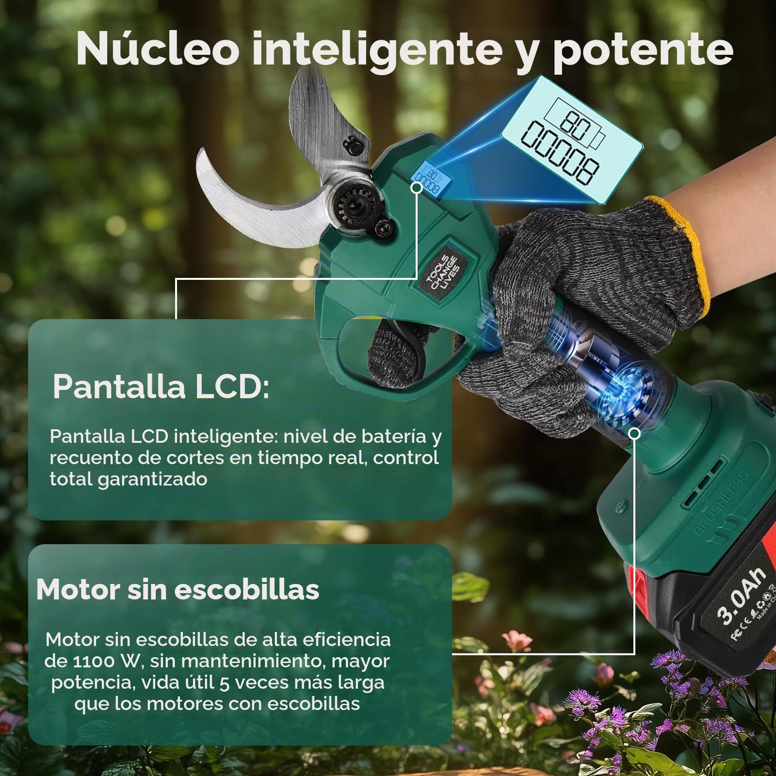 Tijeras de Podar Eléctricas 40mm con 2 Baterías 3.0Ah Cable de Extensión 1.4m Podadora de Batería Brushless para Olivos Viñedos y Ramas Altas | Tijeras eléctricas profesionales ligeras y pantalla LCD de corte progresivo para olivos viñedo y jardín