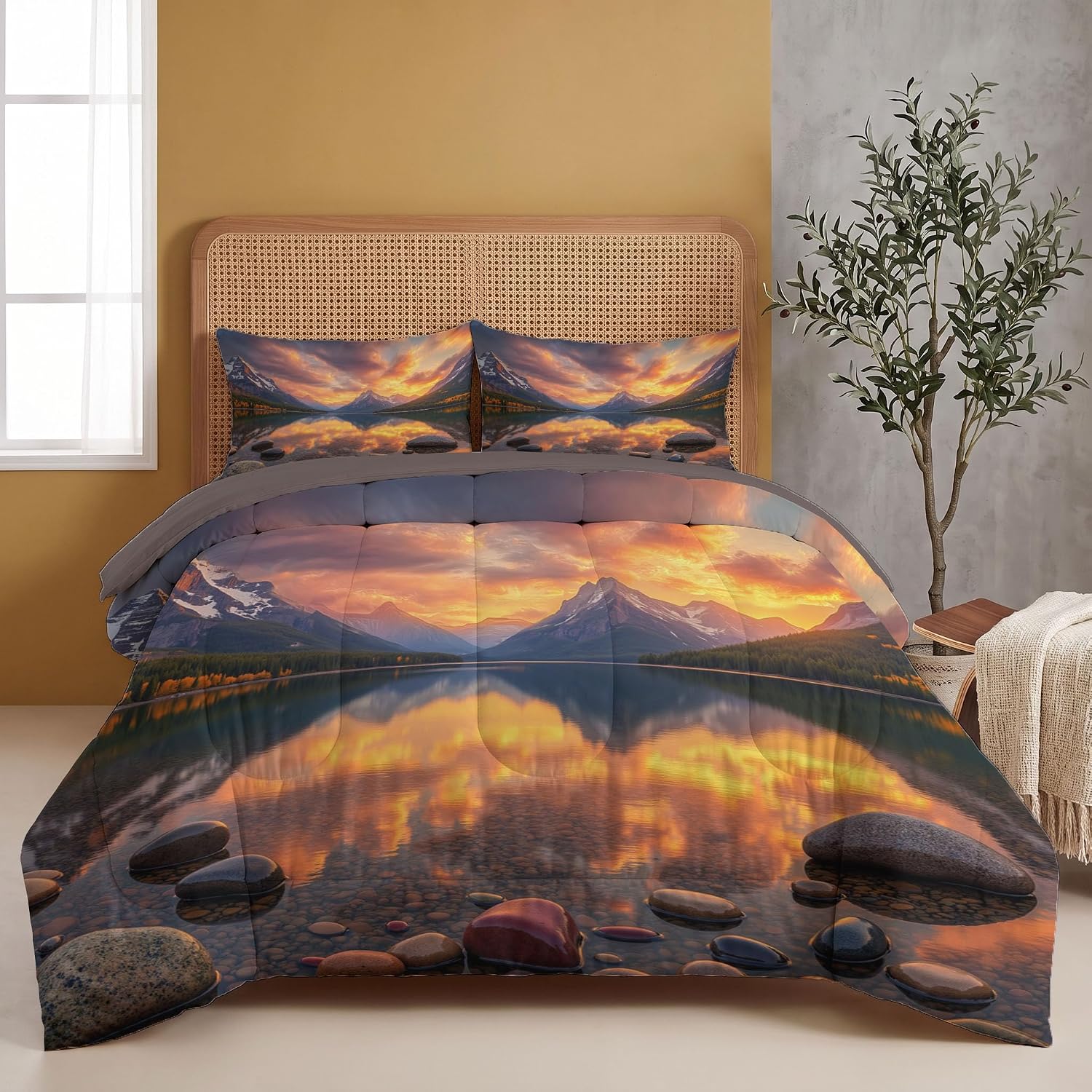 Natural Outdoor Beauty Comforter Set King Size, Sky Valley Lake Bedding Set for Girls Boys, Orange-Red Quilt Bed 104"X90" Bedding Comforter Sets with 2 Pillowcase Room Decor