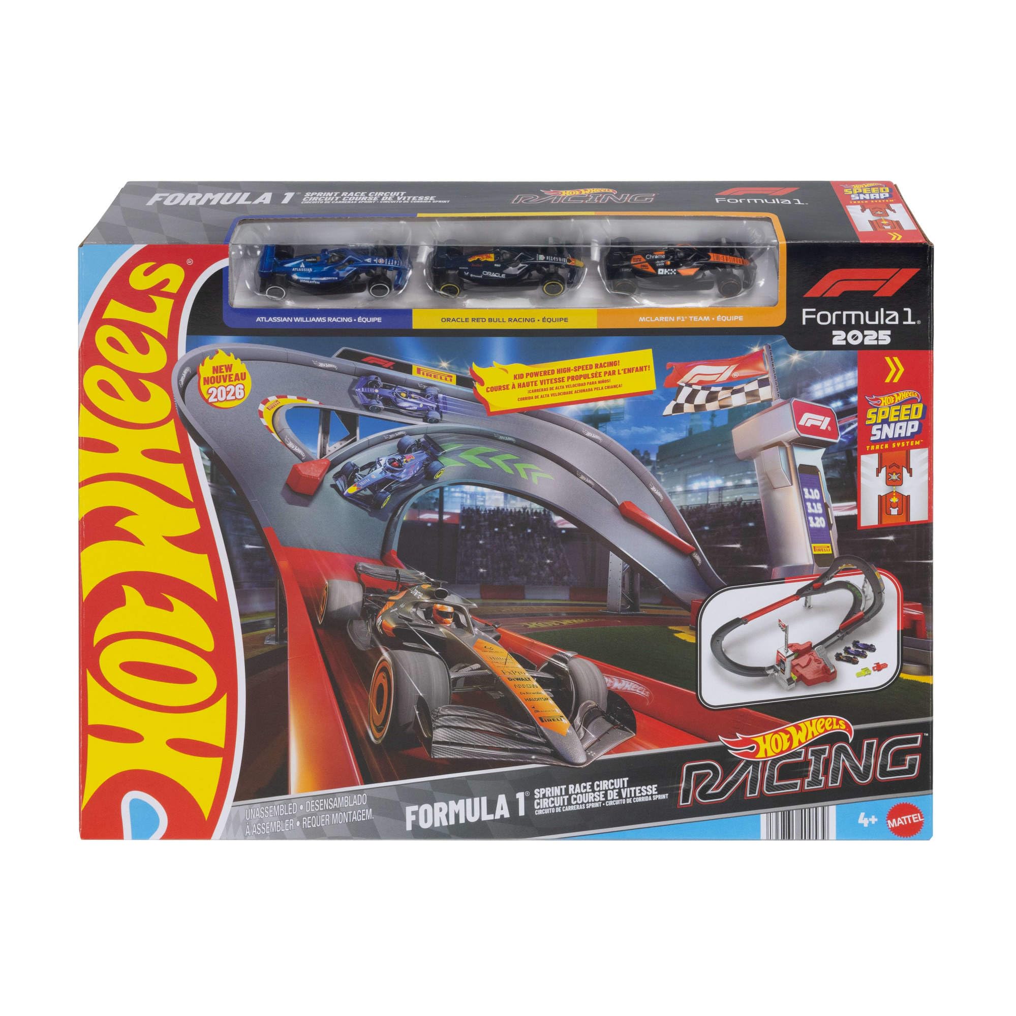 Hot Wheels Track Set & 1:64 Scale McLaren Formula 1 Team, Oracle Red Bull Racing & Atlassian Williams Racing Toy Cars, Sprint Race Circuit, JNN32