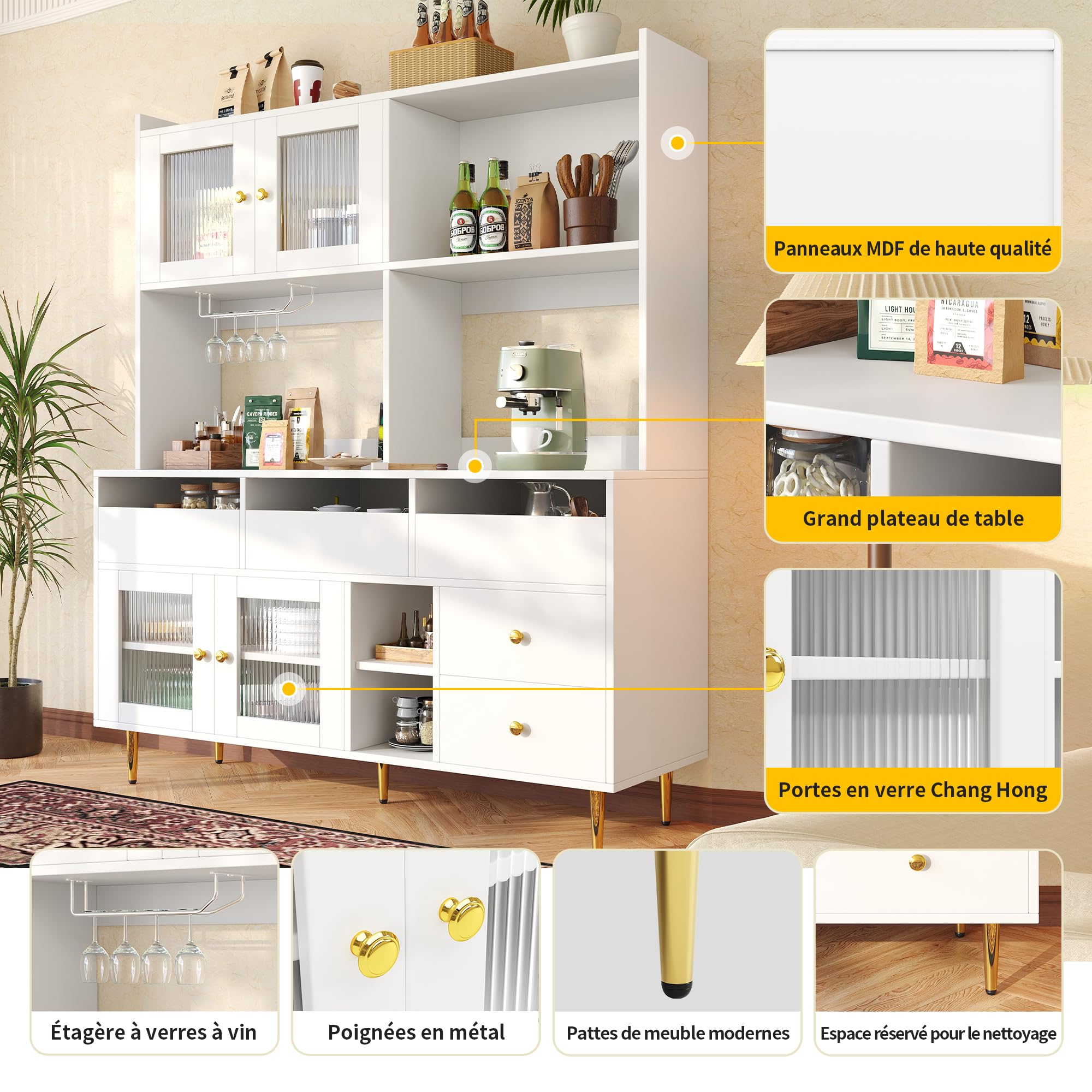 Credenza Cucina Stoccaggio 145 x 171 cm, Stoviglie Armadio da Cucina Alto Mobile da Cucina Stile Bianco con ante in Vetro Striato, Cantina per Vino, Mensola regolabile, ideale per Sala da