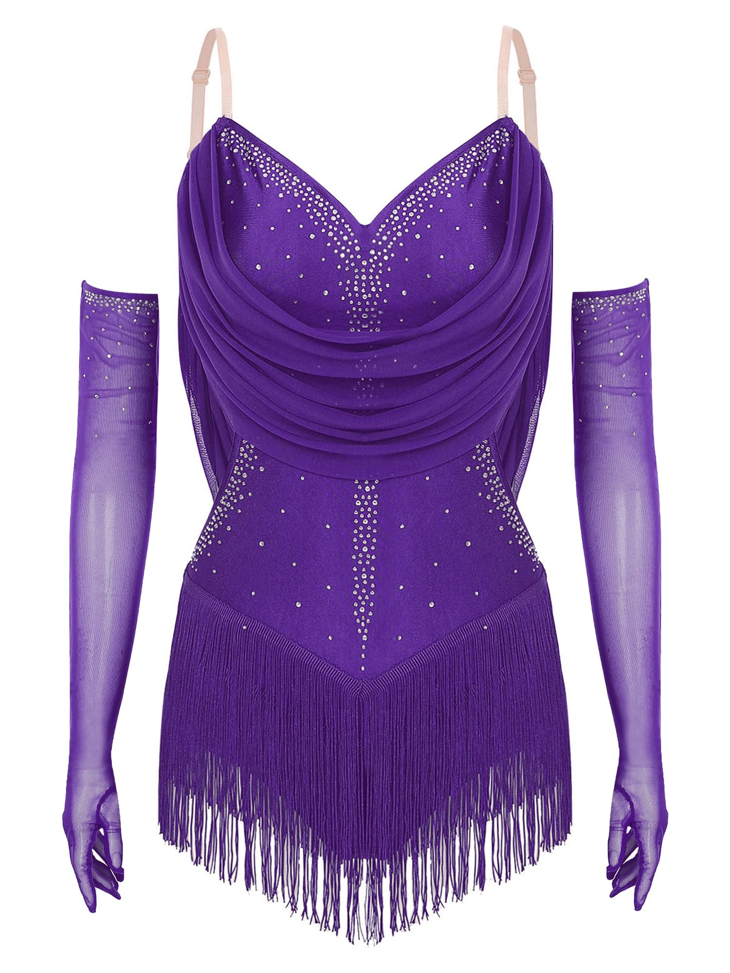 Maillot de Baile Latino para Mujer Body de Patinaje Artístico Maillot con Flecos y Pedrería Brillante y Guantes de Malla Vestido Baile de Salón Tango Rumba S-XXL