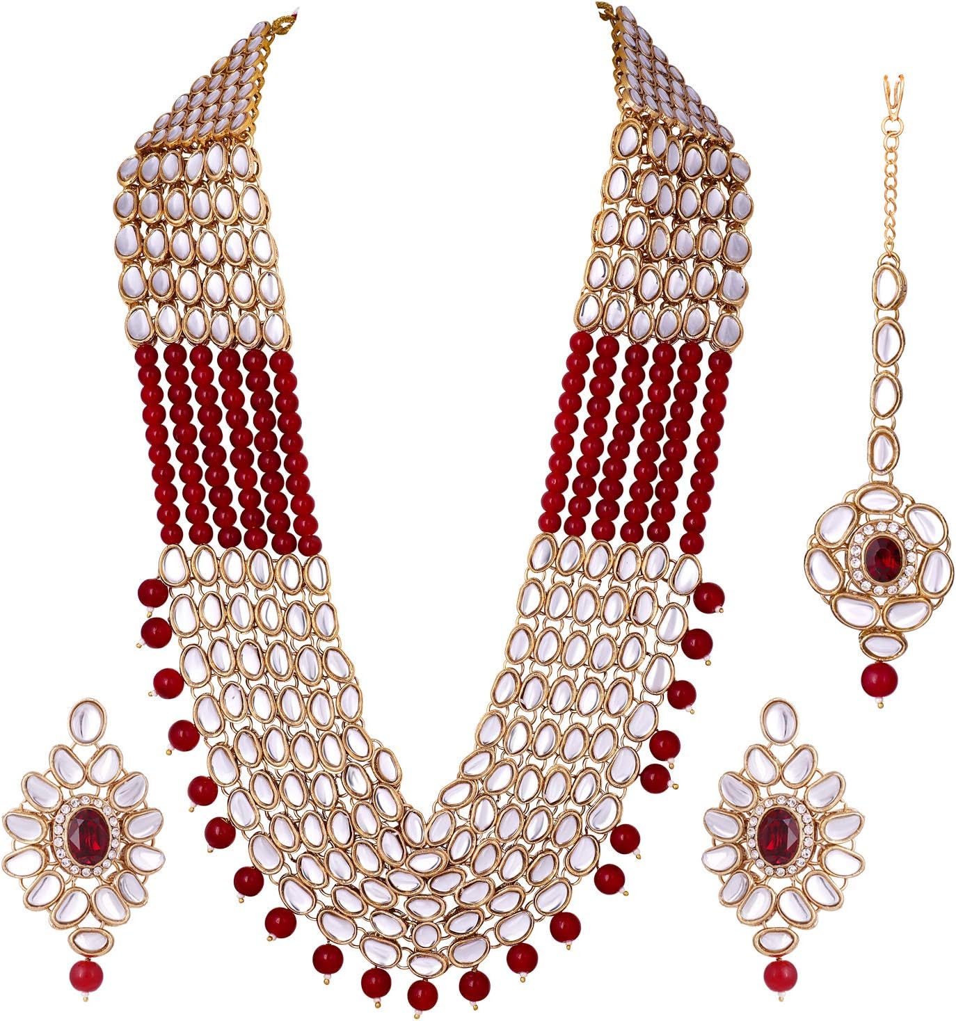 Aheli Royal Look Indian Kundan Beaded Necklace With Maang Tikka Set Ethnic Wedding Traditional Jewelry For Women Aheli Royal Look Indian Kundan Beaded Necklace With Maang Tikka Set Ethnic Wedding Traditional Jewelry For Women