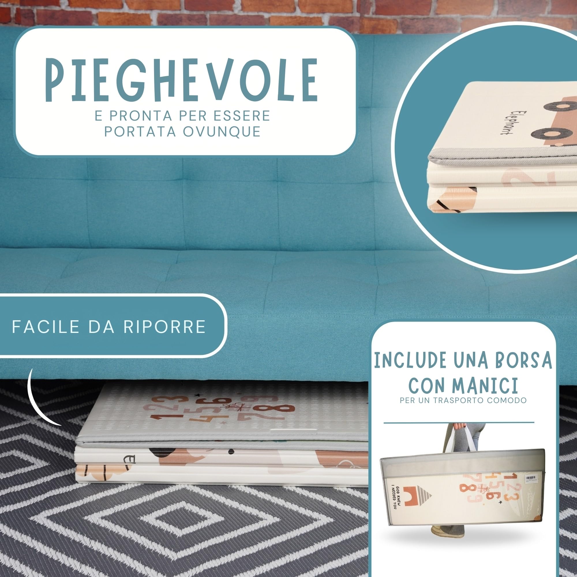 Tappeto Gioco Bambini 200x180 cm Pieghevole Reversible Impermeabile con Bordi Cuciti