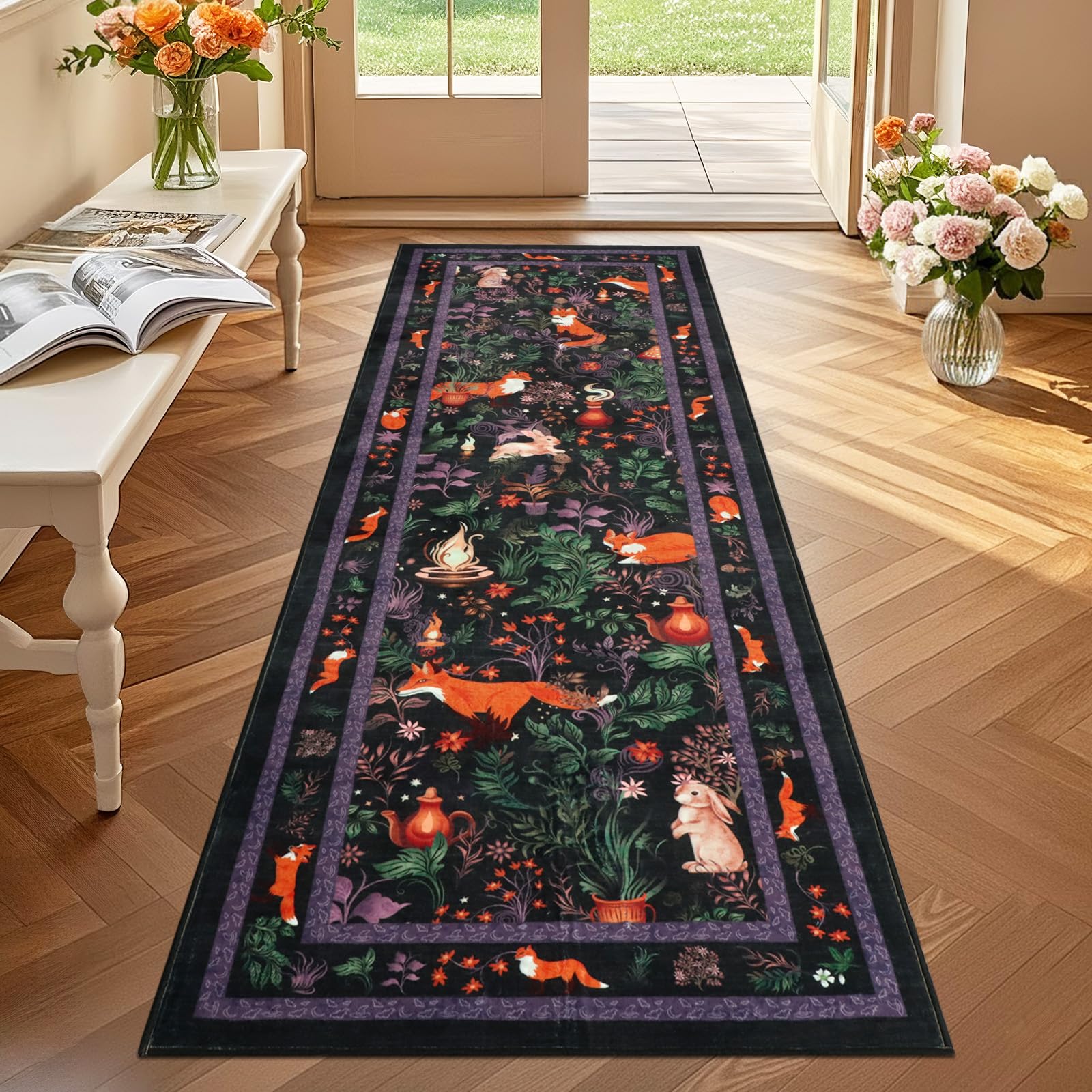 Geanup Runner Rugs for Hallway 60×180cm, Black Washable Kitchen Carpet Runner Non-Slip, Fairytale Fox Hall Carpet Floor Mat for Entryway Kids Bedroom Laundry Living Room Non Shedding — image 1