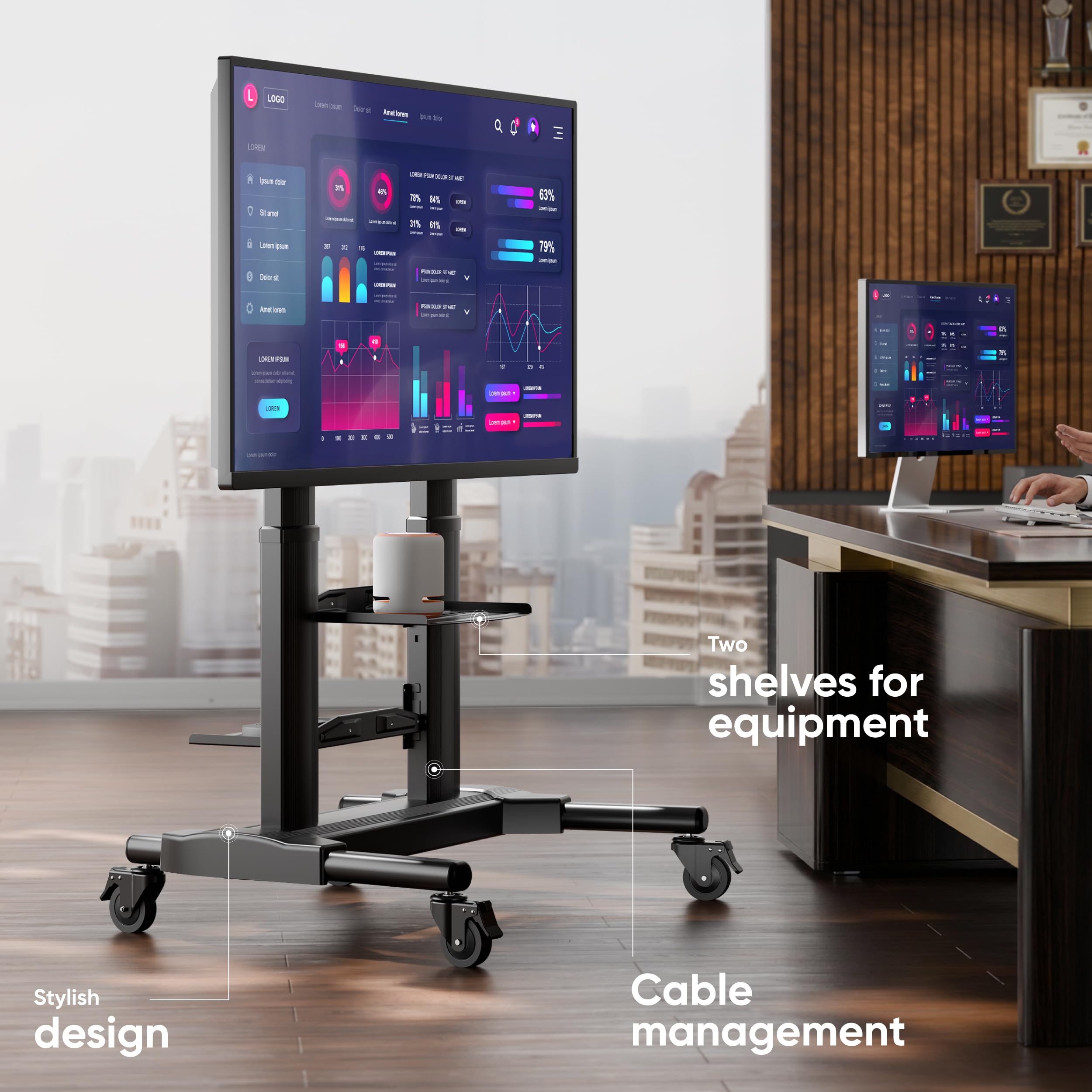 Duiliuu Tv Rolbaar, tv-standaard met wieltjes, vloerstandaard, tv-wagen voor 50-98 inch tv, in hoogte verstelbare tv-standaard, mobiele tv-poten, max 100 kg, Max Vesa 900 x 600