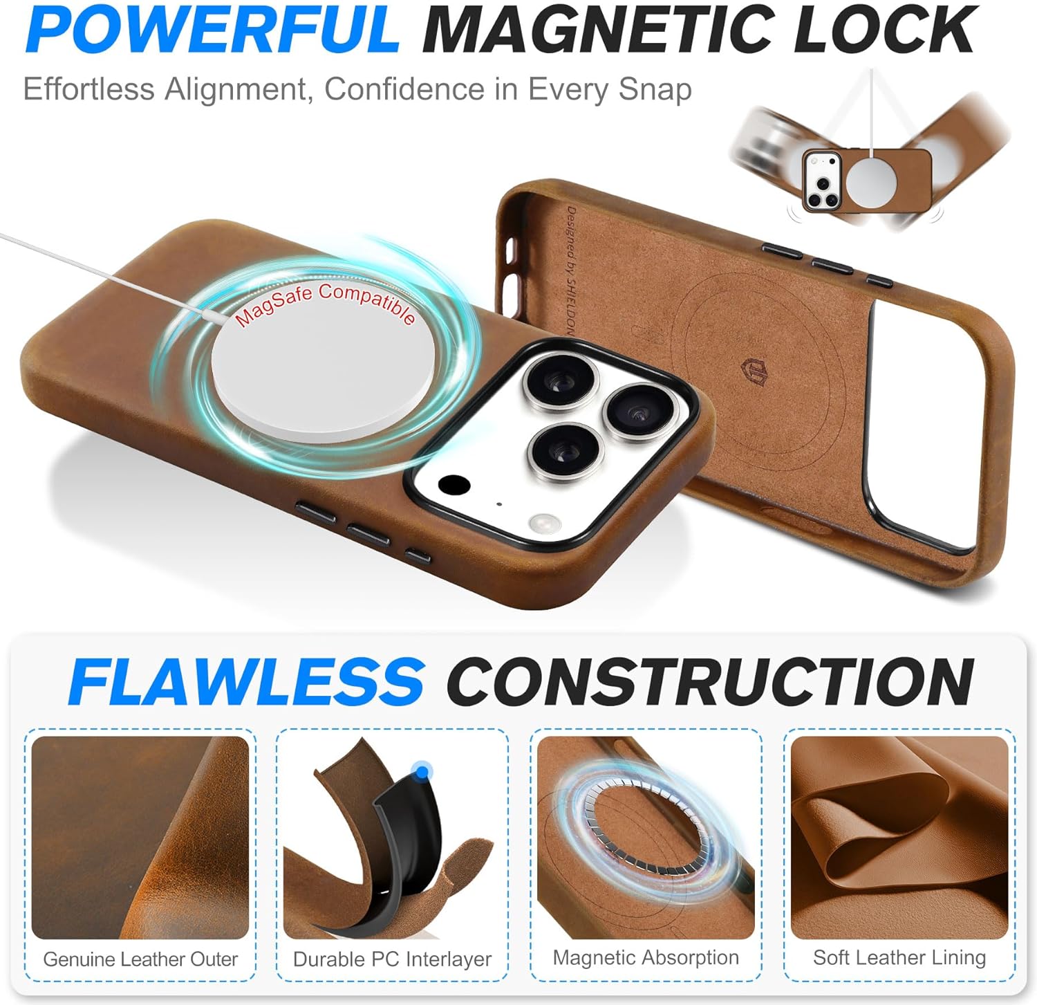 SHIELDON Top Grain Crazy Horse Leather Case for iPhone 17 Pro 6.3" 2025 | [Updated Camera Button] | Compatible with Magsafe | Magnetic Wireless Charging | Shock-Absorbent | Metal Buttons - Brown - Image 5