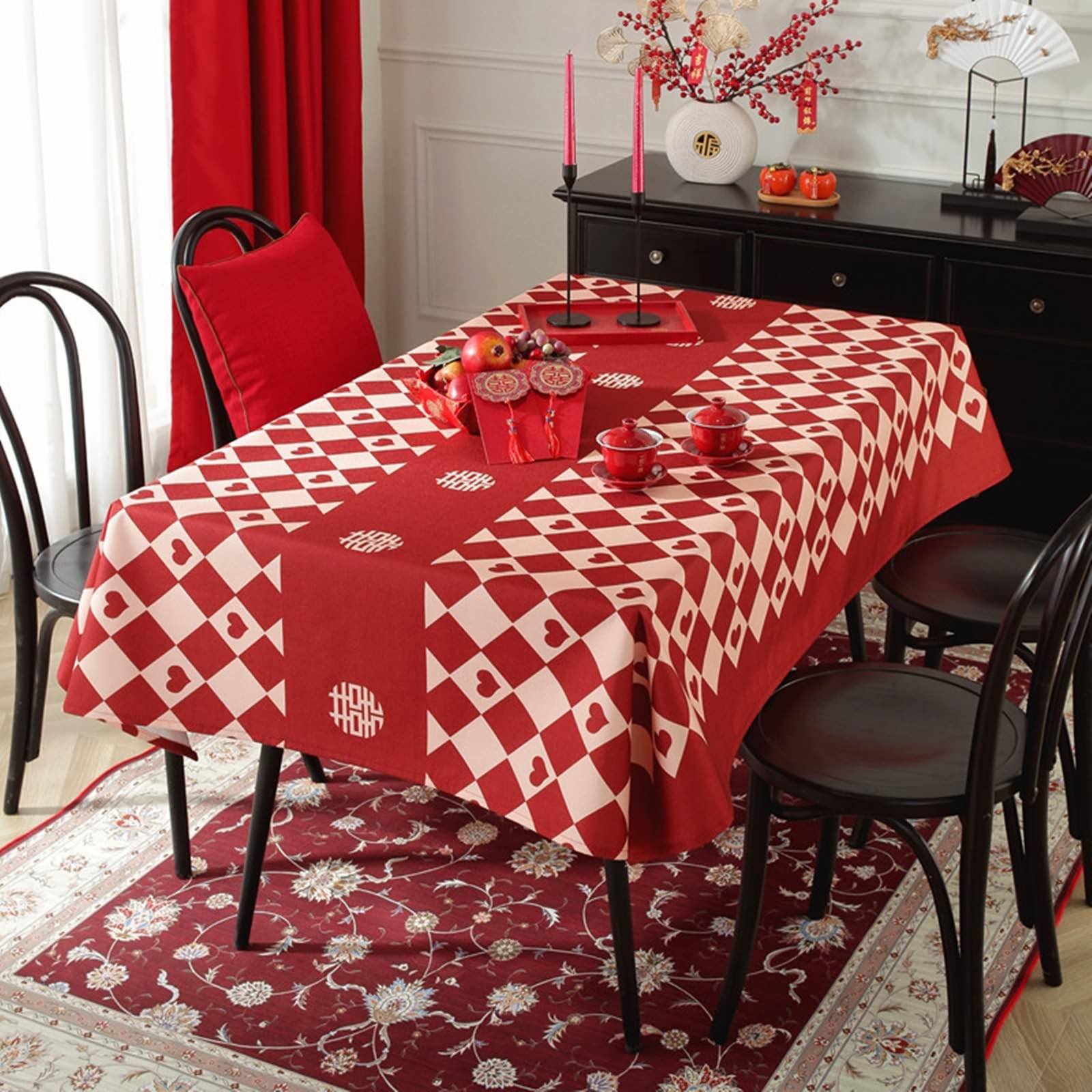 Tovaglia Da Tavolo Moderne, Poliestere Reticolo di rombo con motivo a cuore Tovaglia per Casa e Cucina, Tovaglia Elegante per Picnic, Rosso, Stile 1, 135 x 200 cm