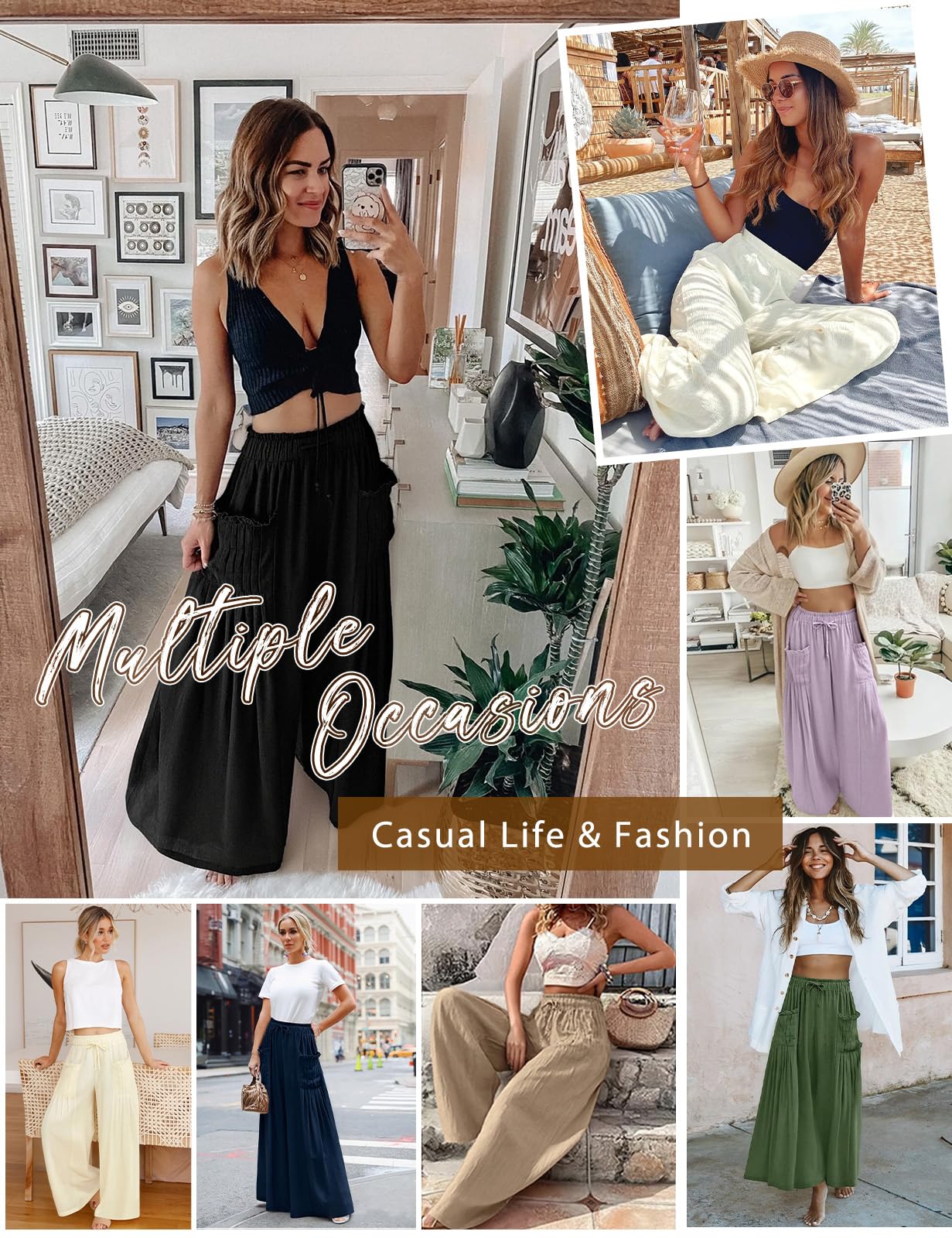 Pantalon Femme Fluide Été Pantalons Lin à Jambes Larges Taille Haute Elastique Chic et Elegant Pantacourt Ample avec Cordon de Serrage Longueur Pants avec Plissé Poches