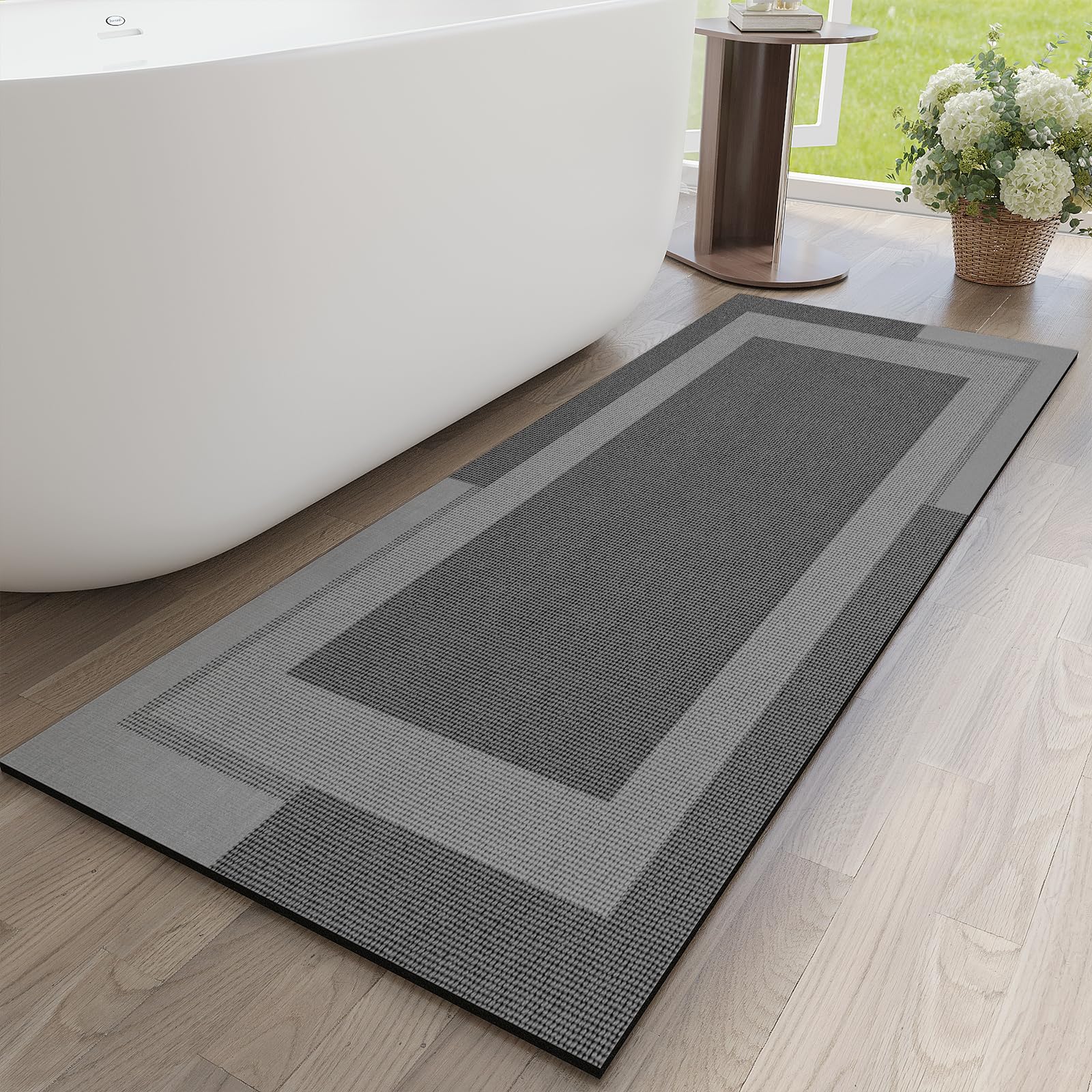 Quqei Non Slip Long Bathroom Runner Rug Bath Mat, Rubber Backing Ultra Thin Bathroom Rugs Fit Under Door Quick Dry Super Absorbent Washable Shower Mat for Bathtub Sink Floor, Dark Grey 43x150 CM