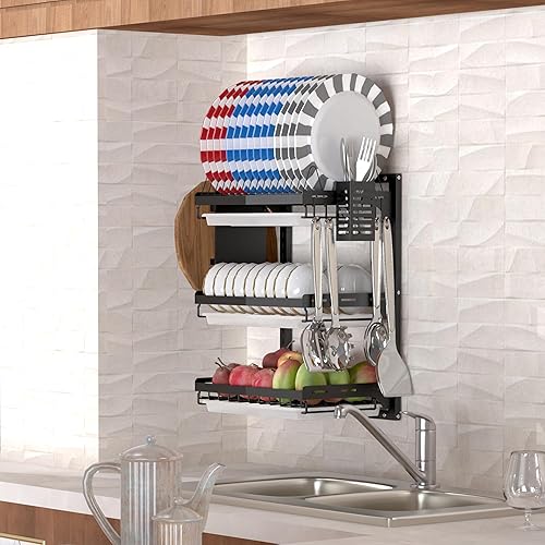 Miniatura 8 de infirack Escurridor de platos de acero inoxidable negro de 3 niveles con escurridor extraíble, organizadores de platos de cocina y estante de