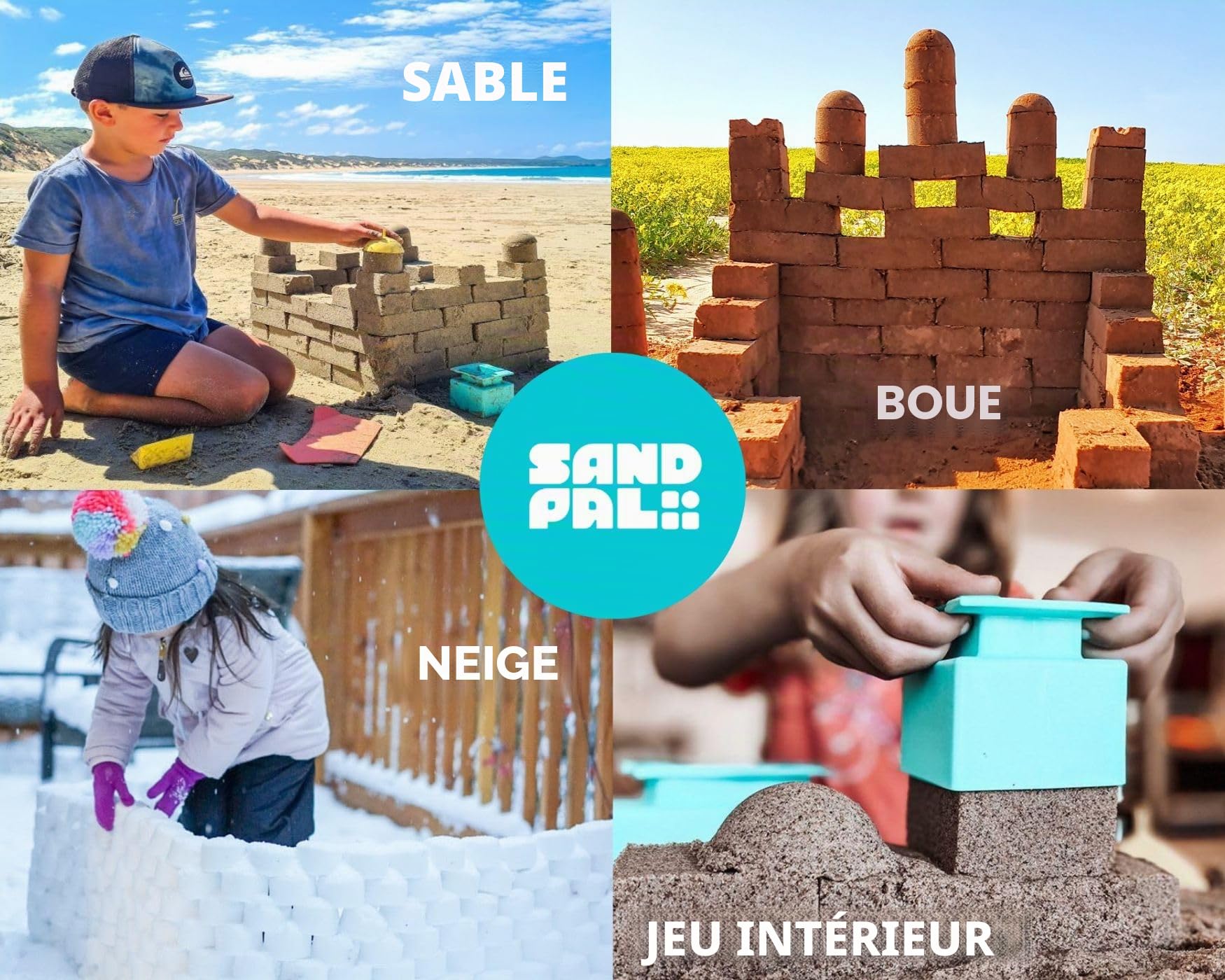 Sand Pal Kit de construction de château de sable avec moules de démoulage de briques et sac de transport pour châteaux de sable de grande taille dans la neige et la boue