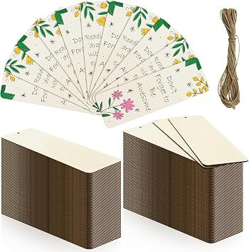 50 Sets 6 x 2 Inch Large Size Wooden Bookmarks with Hole and Ropes, Unfinished Wood Bookmark Blanks Rectangle Blank Bookmark for DIY Crafts, Painting, Wedding, Birthday Party Decors