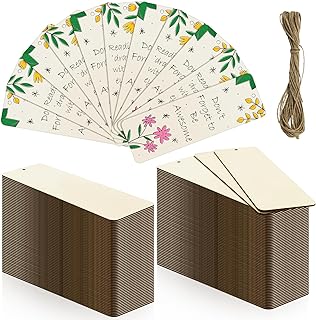 50 Sets 6 x 2 Inch Large Size Wooden Bookmarks with Hole and Ropes, Unfinished Wood Bookmark Blanks Rectangle Blank Bookmark for DIY Crafts, Painting, Wedding, Birthday Party Decors