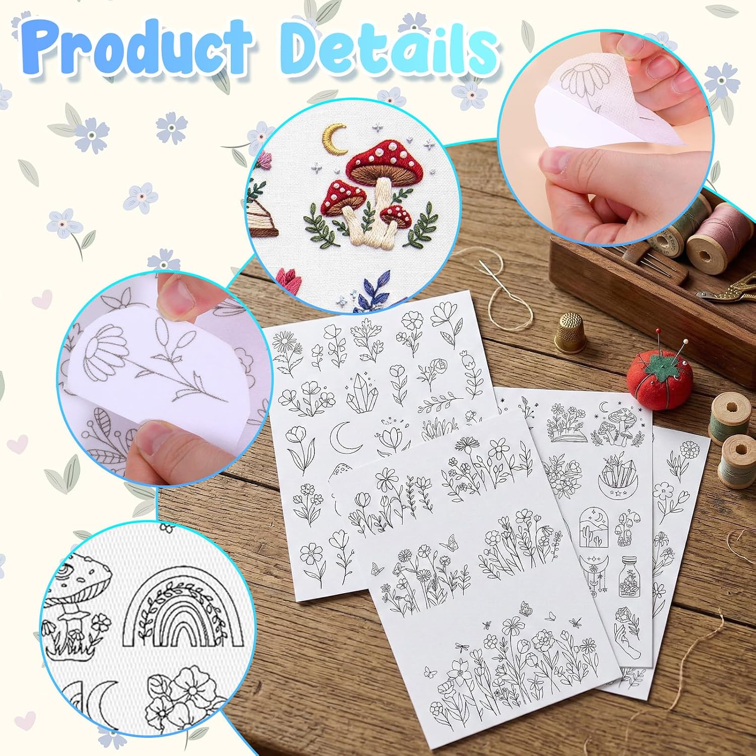 4 Sheets Water Soluble Embroidery Patterns, Embroidery Paper Wash Away | Water Soluble Stabilizer Embroiderys Papers, Stick and Stitch Wash Away Transfer Paper for Hand Sewing