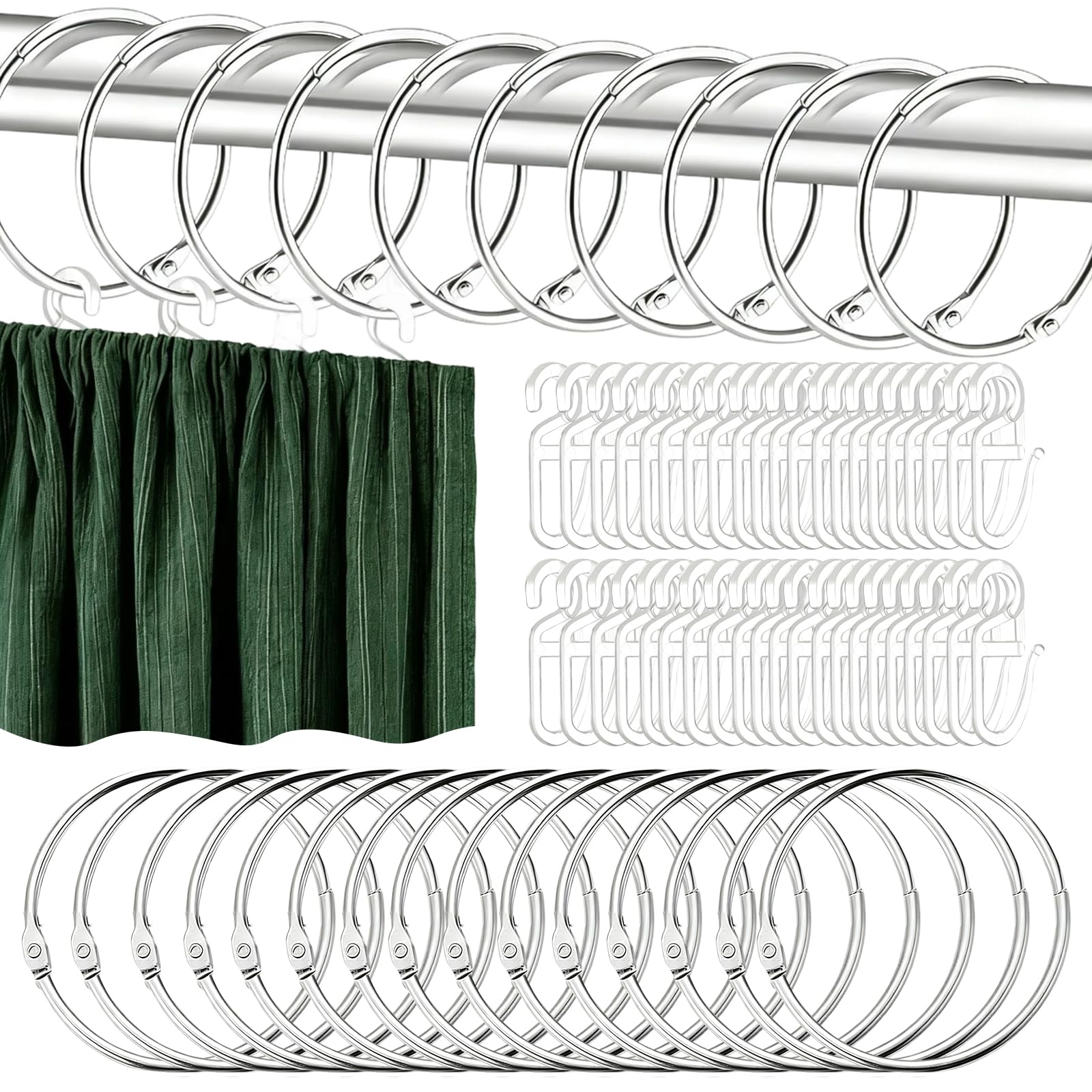 Mhymx Silver Metal Curtain Rings, 60 Pcs Curtain Rings And Hooks 50Mm Large Round Shower Curtains Ring And Plastic Curtains Hook For Window Poles And Shower Drapery Rods