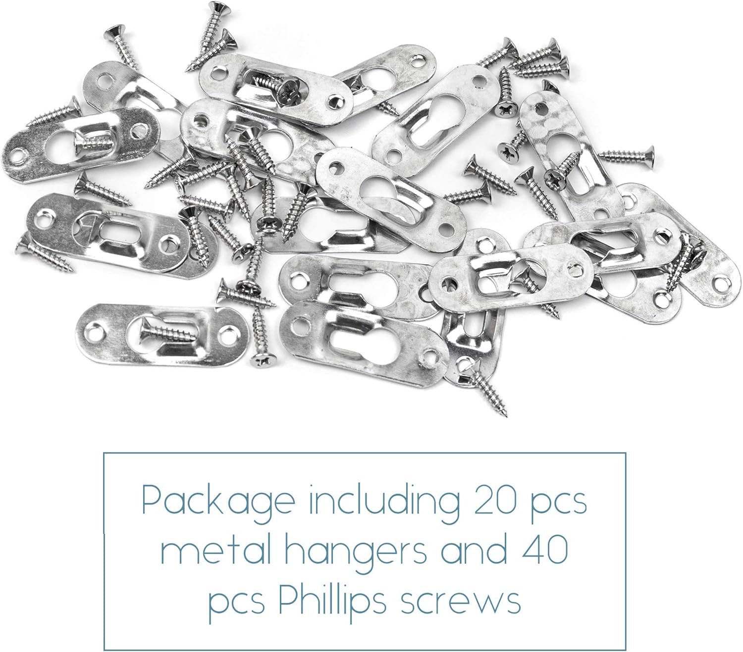 Framendino, 20 Pack Silver Metal Single Keyhole Hangers with Screws Hanger Fasteners Picture Hanging Bracket Plate for Mirror Frames 43 mm x 16mm