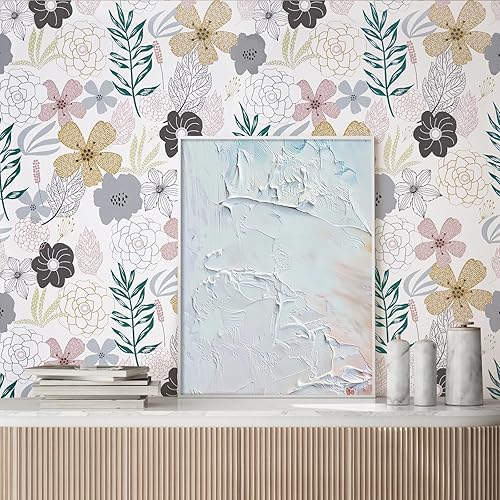 Miniatura 4 de Mecpar Papel tapiz floral para despegar y pegar de 17.71 x 78.7 pulgadas, papel de contacto con flores perennes rosas, vinilo autoadhesivo,