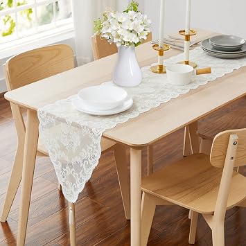 ASATEX 14 x 36 Inch Ivory Lace Table Runner with 2 Tassels. Classic Stylish Floral Pattern is Ideal Choice for Any Luxury Dining Room, Birthday, Wedding or Holiday Celebration. MIR Ivory 36"