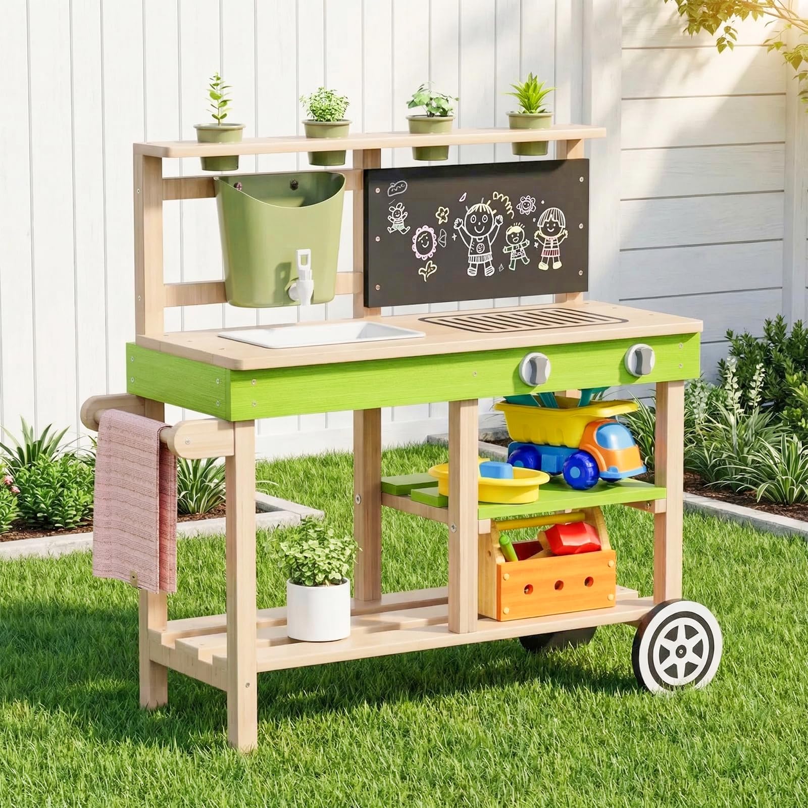 MAMIZO Cucina per Bambini da Esterno, Cucina Giocattolo in Legno con Ruote, Rubinetto Funzionante, 4PCS Vasi per Piante, Lavagna, Ripiani e Accessori Cucina, 88,5x33,5x85 cm, per Bambini +3 Anni