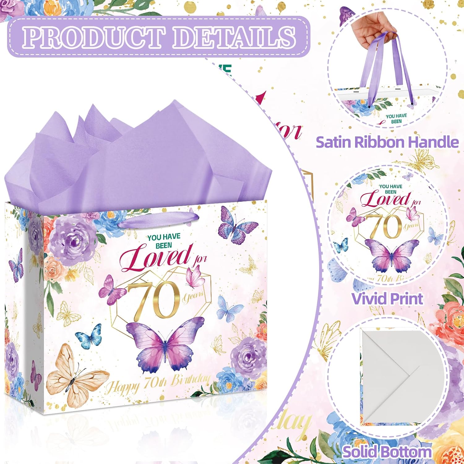 70th Birthday Gifts for Women Butterfly 70th Birthday Gift Bag with Purple Wrapping Paper Card Sticker Envelope for Her, Wife, Mom, Grandma, Sisters, Cheers to 70 Years Old Presents 1956 Party Decorations - Image 3