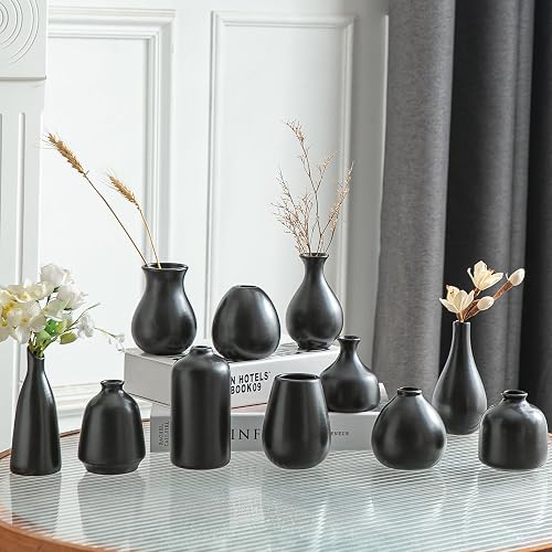 JOJUNO Black Bud Vases, Small Ceramic Vase Set of 11 Modern Home Decor | Mini pottery vases for flowers, boho chic accents for living room dining table shelves, wedding centerpieces decor