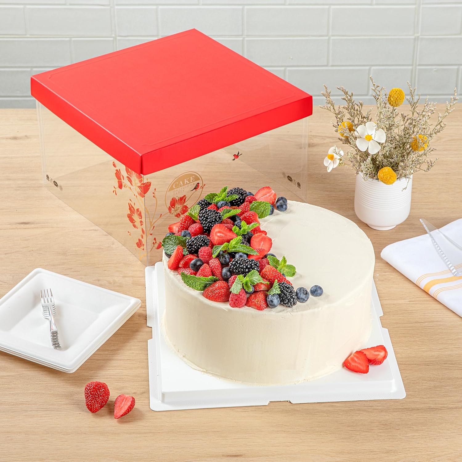 Sweet Vision Square Clear Plastic Cake Box - Red Lid and White Base, Red Ribbon, Flower/Bird Accent - 10" x 10" x 8 1/4" - 10 count box