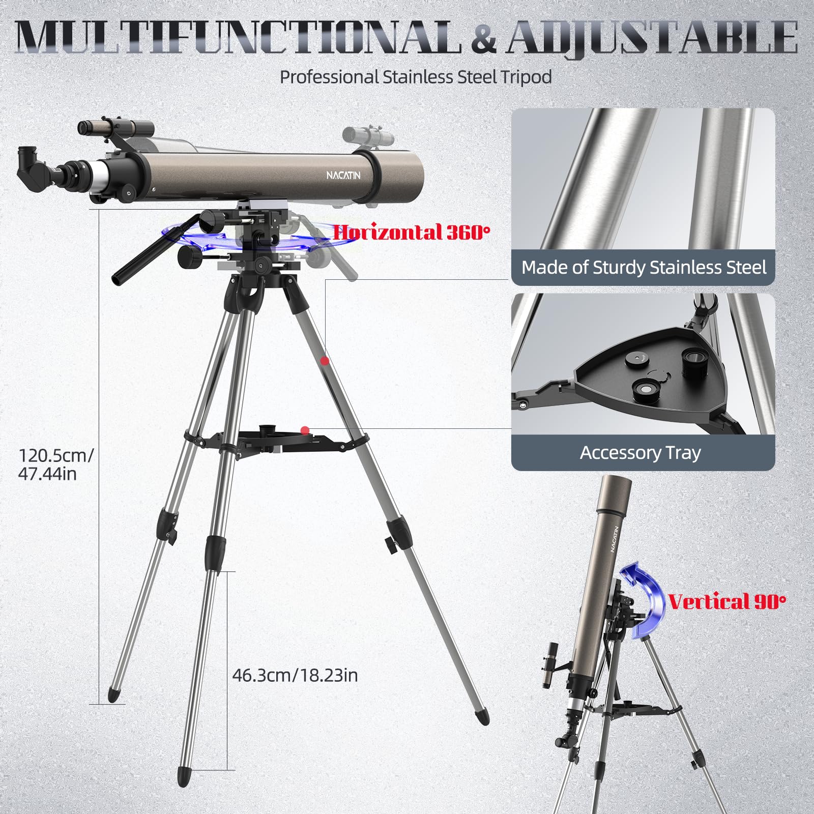 Télescope Astronomique NACATIN pour Adultes et Enfants, 102mm d'Ouverture et 900mm de Distance Focale avec Contrôles Slow-Motion, 4 Oculaires et Trépied INOX