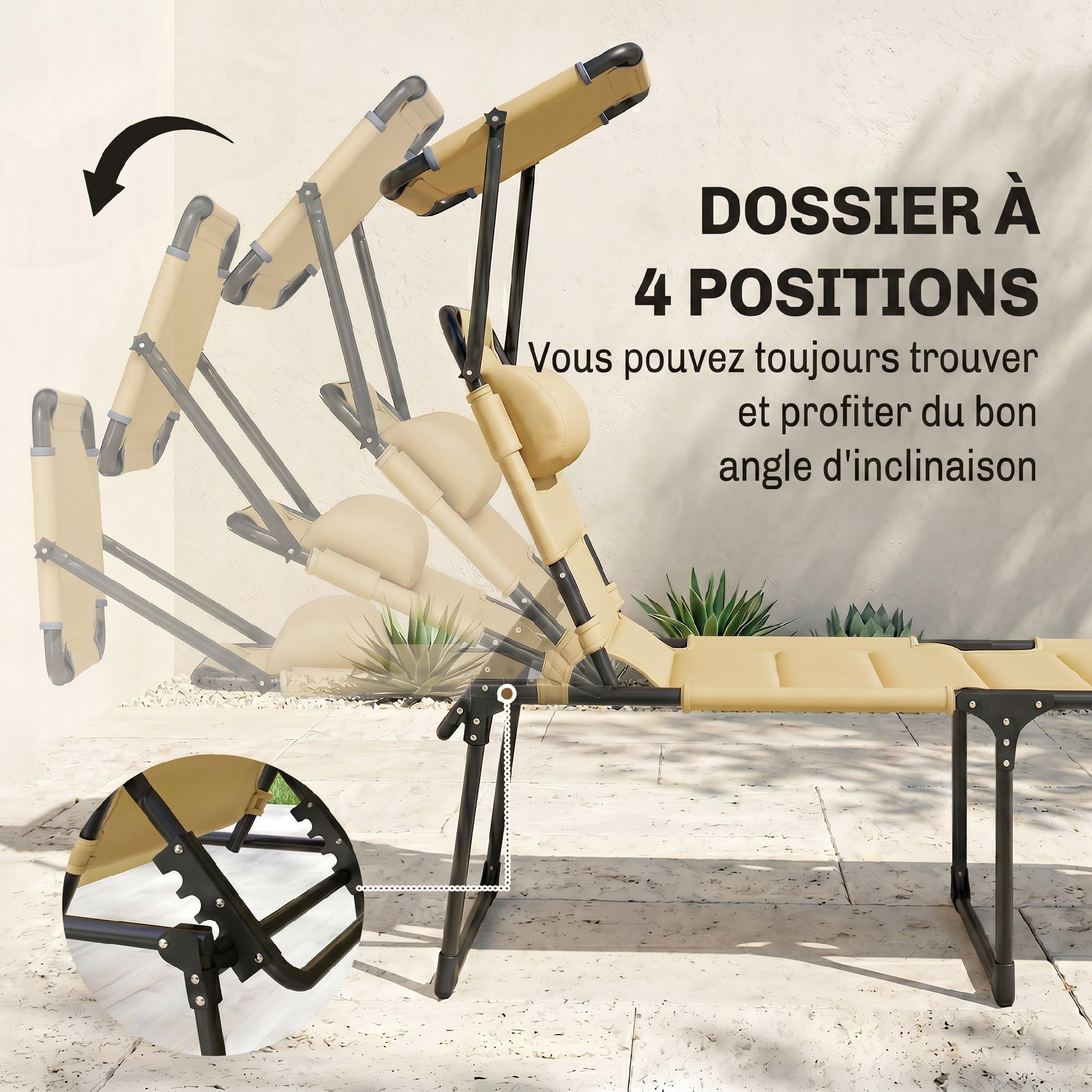 Outsunny Bain de Soleil Chaise Longue Pliante Jardin 70 x 200 x 45 cm Crème