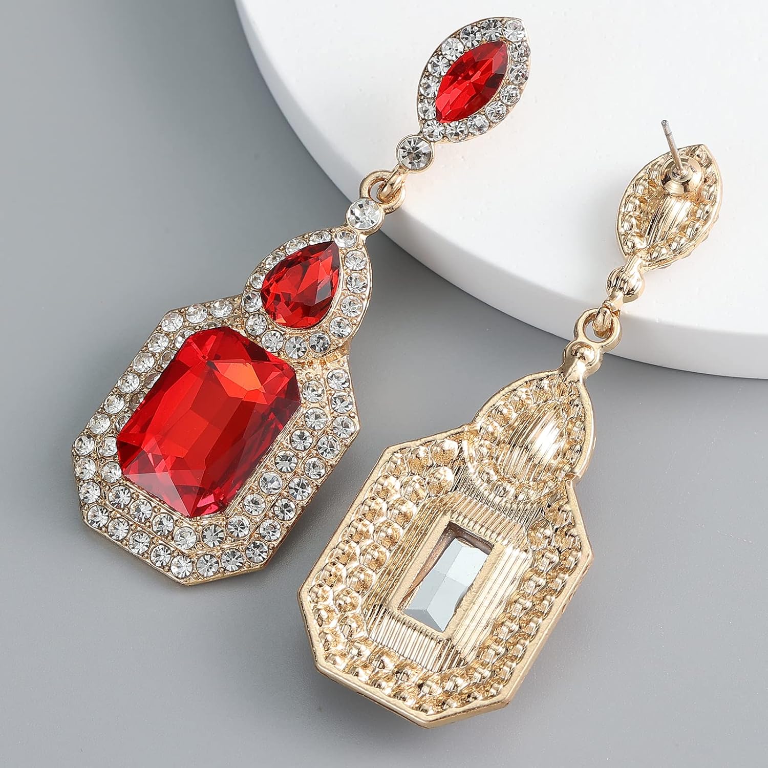 Red Rhinestone Dangle Statement Earrings Long Crystal Dangling Drop Earrings for Women