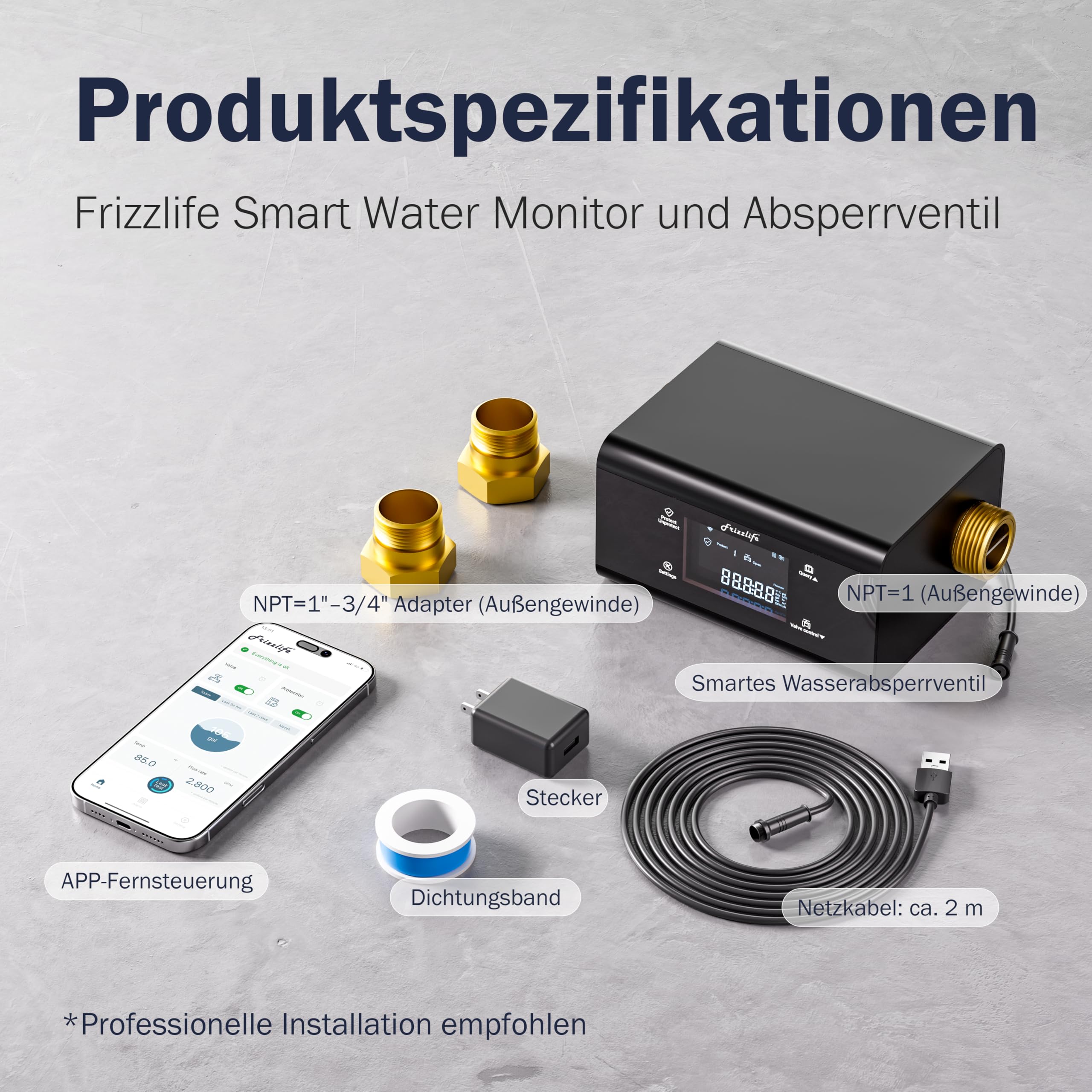 Frizzlife LP365 Wassermelder WLAN, Smart Wassermelder mit automatischer Abschaltung, App-Warnungen (2.4Ghz & 5Ghz), Wassersensor für Küche, Badezimmer, Keller, Wasserdicht nach IP67, 3/4" & 1" Rohre