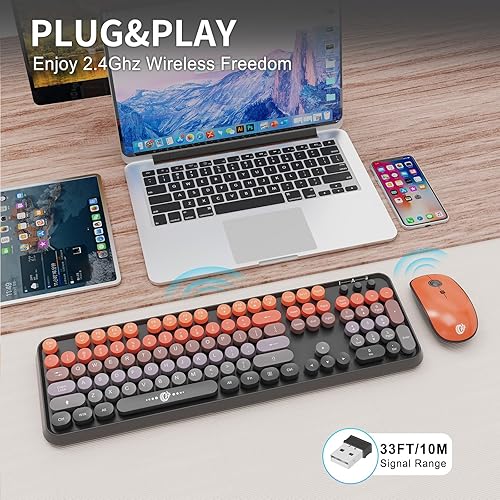 Miniatura 5 de FOPETT Combo de teclado y ratón inalámbrico, 104 teclas de tamaño completo 2.4 GHz con teclas redondas coloridas, receptor USB Plug and Play, para