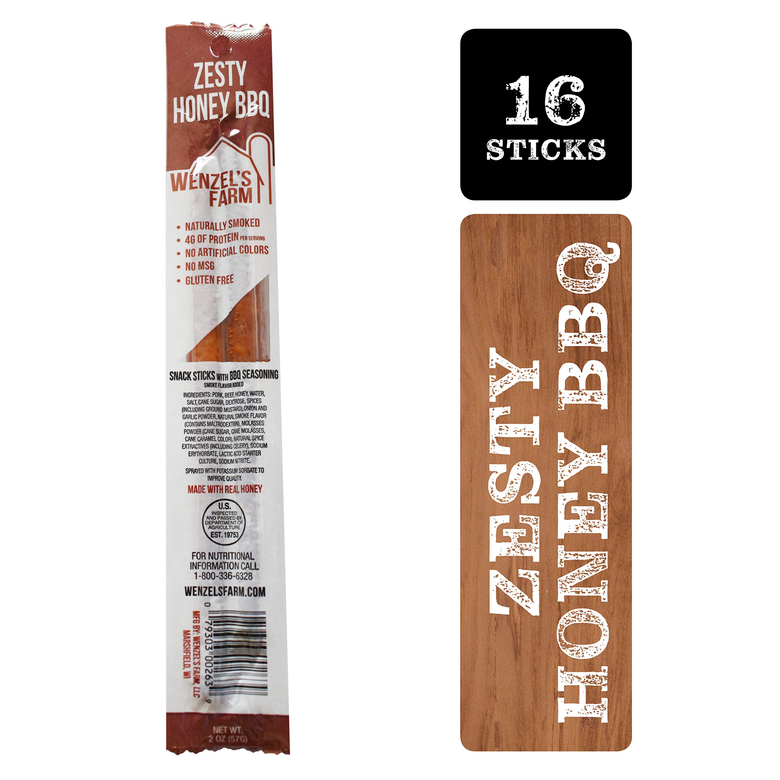 Wenzel’s Farm Zesty Honey BBQ Sticks │Snack Sticks │ Flavorful, Natural Smoked │ High Protein, Low Carb │ No MSG, Fillers, Binders, Artificial Colors │ Gluten Free | 16 sticks (8 packs of 2)