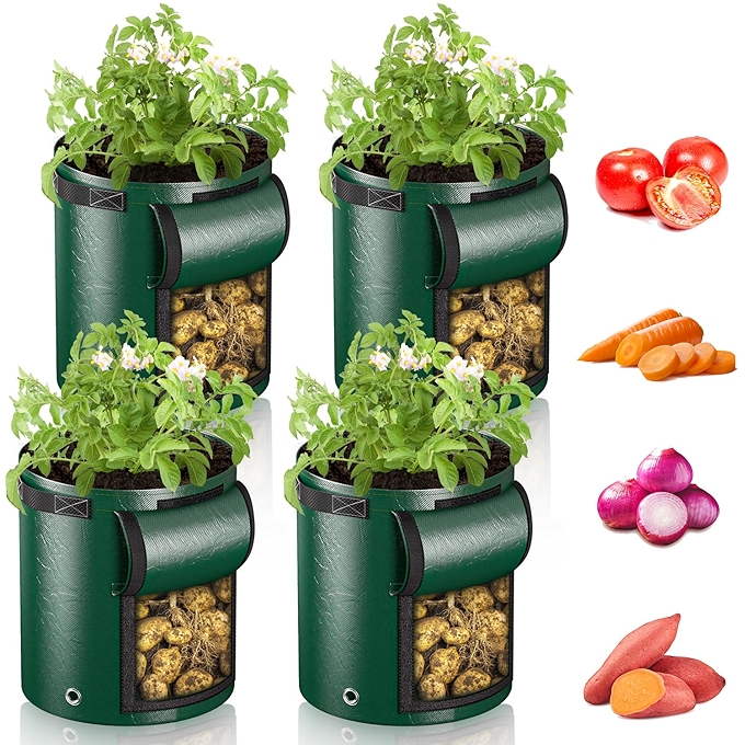 绿色土豆种植袋四件套，带翻盖窗，透气排水，适合种植土豆、胡萝卜、洋葱和番茄