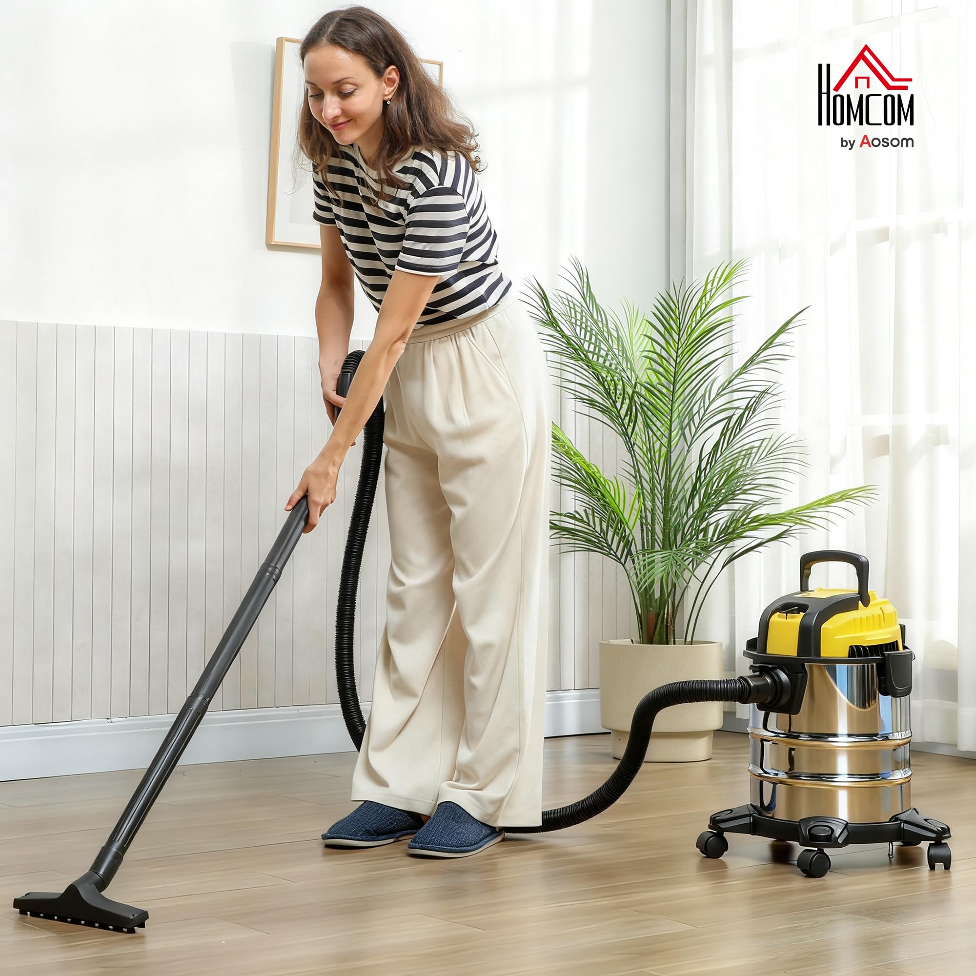 HOMCOM Aspirador en Seco y Húmedo 3 en 1, 1200W, Aspiradora con Función de Soplador, Manguera 2 m, Depósito Inoxidable 20L, Triple Filtro, Boquilla para Suelos y Ranuras, Amarillo